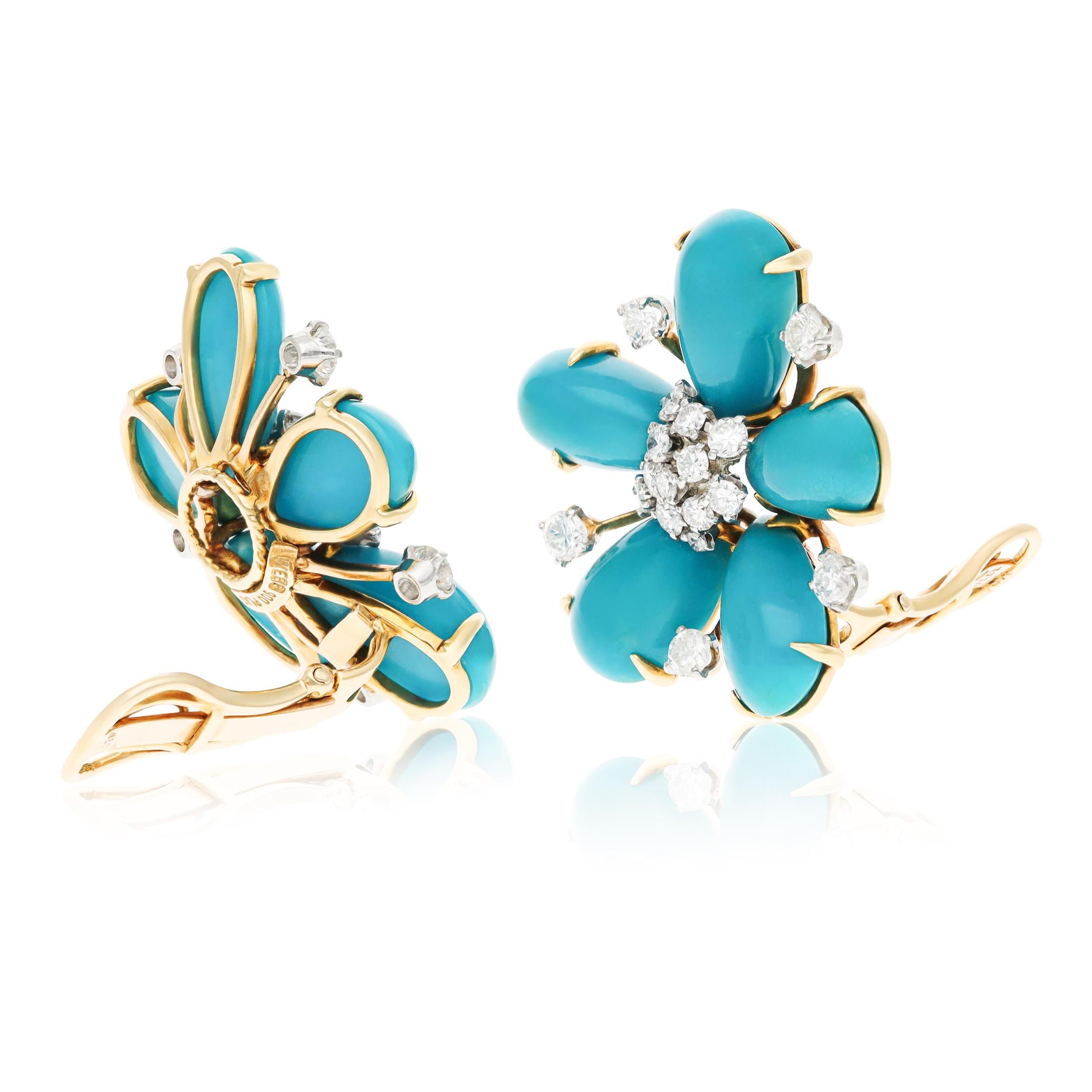 DAVID WEBB Platinum and 18K Yellow Gold Turquoise and Diamond Ear Clips