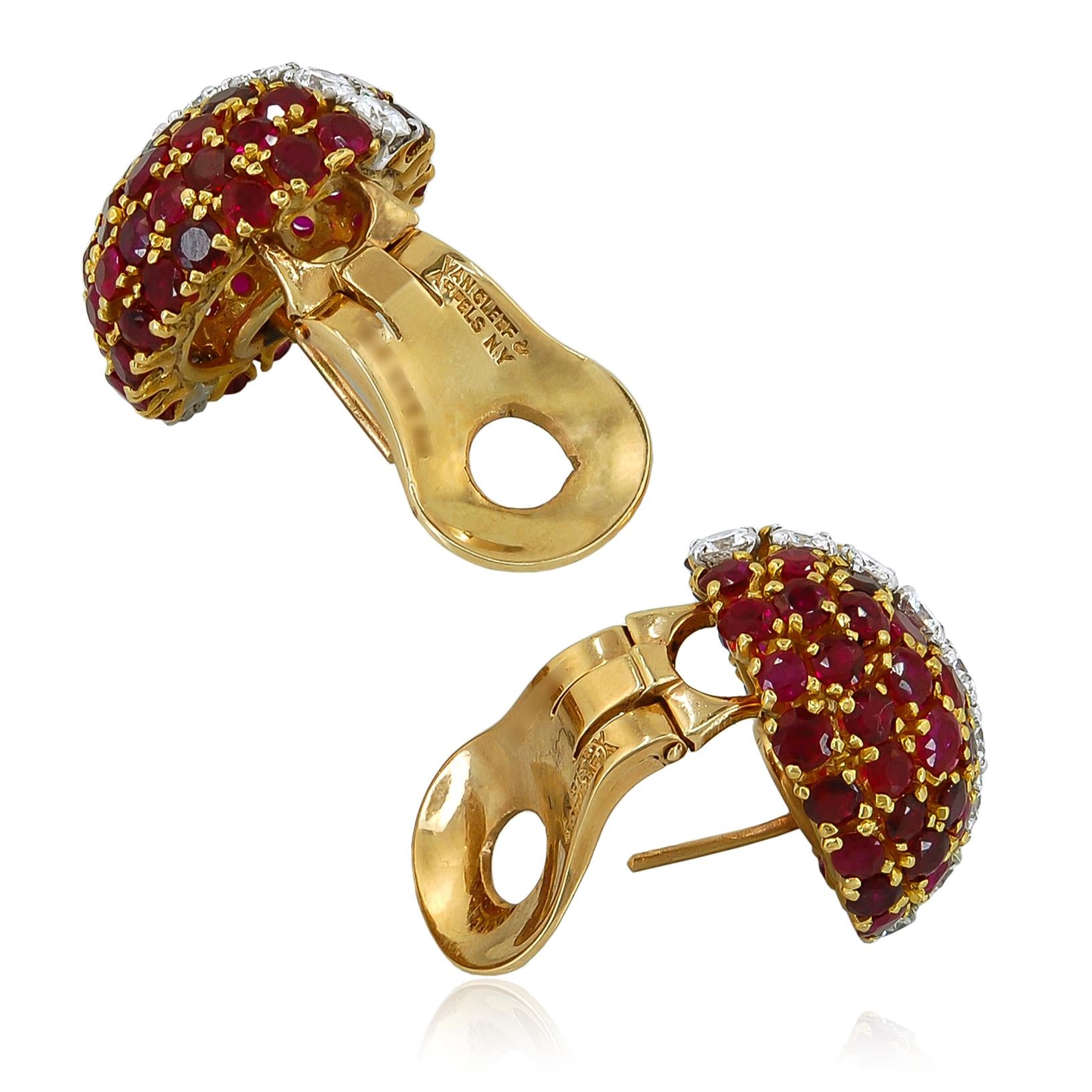VAN CLEEF & ARPELS 18K Yellow Gold Ruby and Diamond Earrings