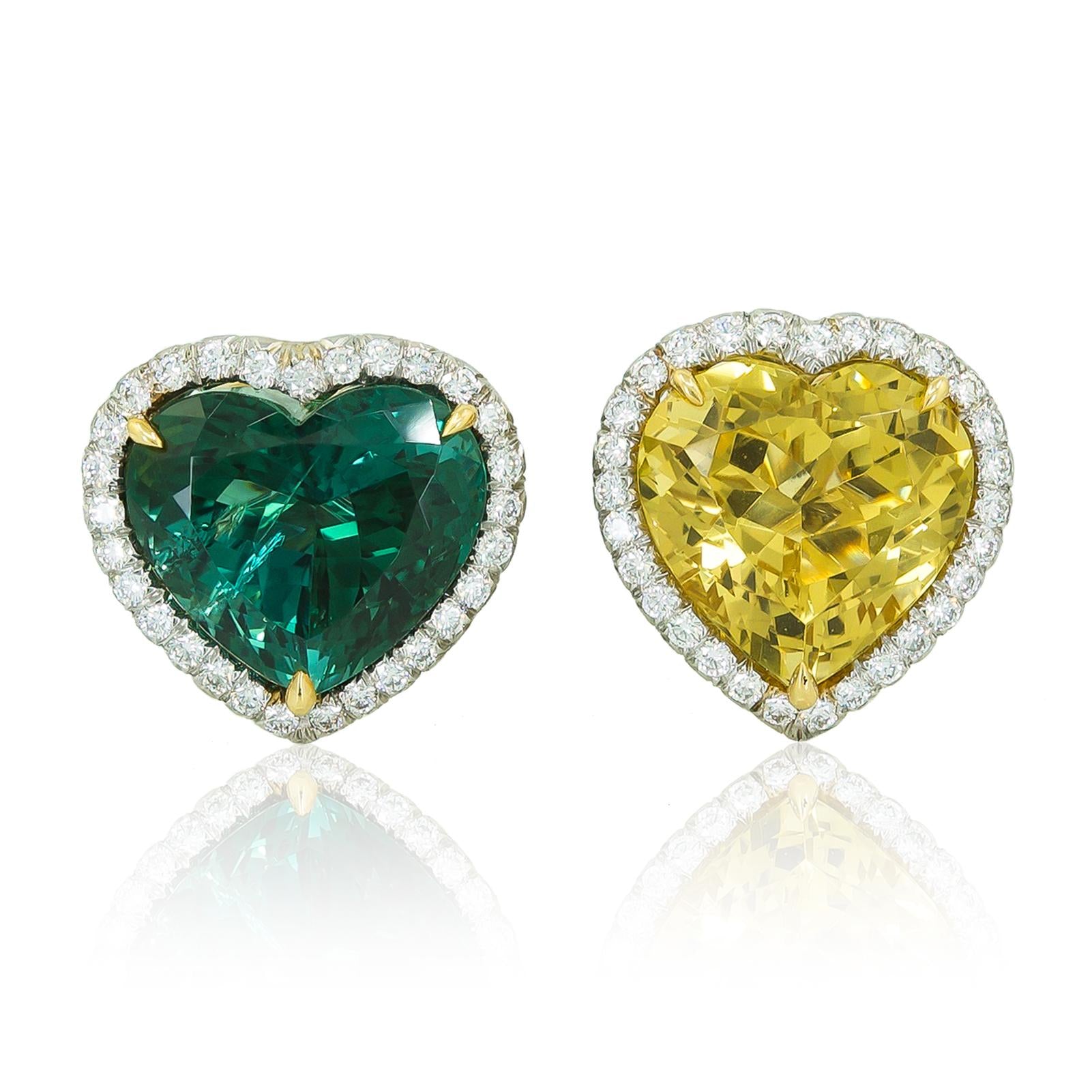 HAUME Diamond, Green Tourmaline, and Golden Beryl Heart-Shape Ear Clips