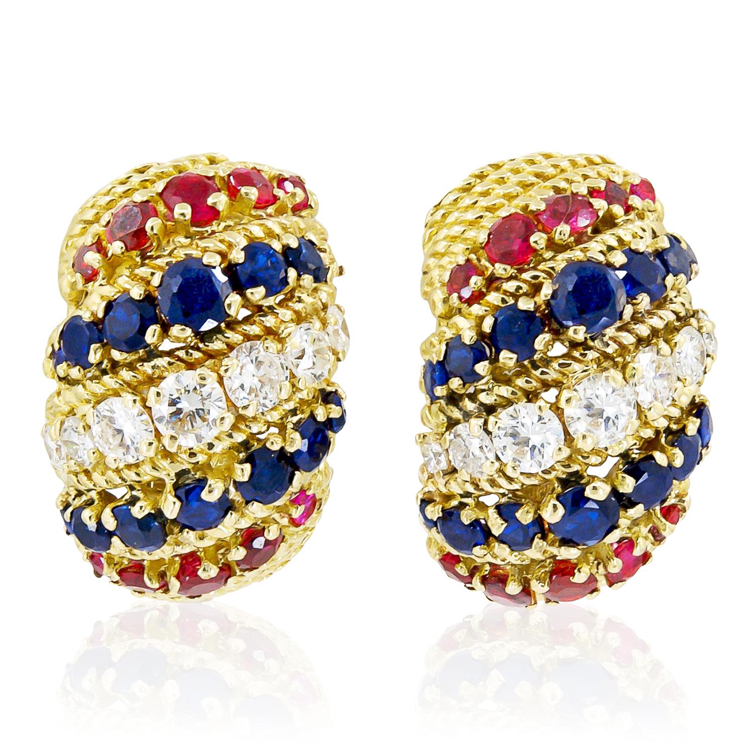 BULGARI 18K Yellow Gold, Diamond, Sapphire and Ruby Ear Clips