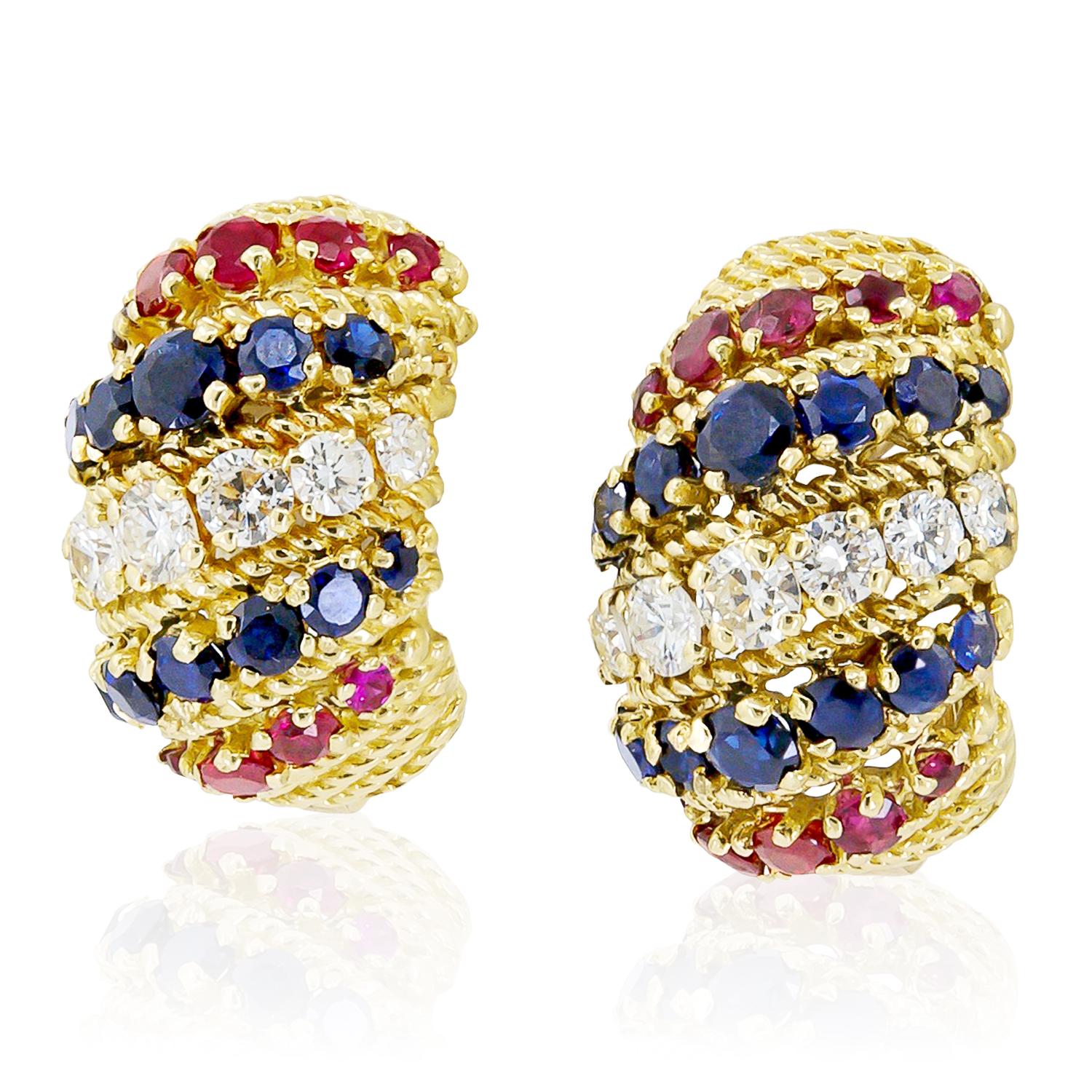 BULGARI 18K Yellow Gold, Diamond, Sapphire and Ruby Ear Clips