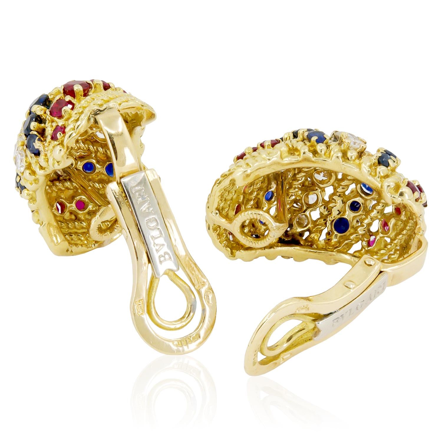 BULGARI 18K Yellow Gold, Diamond, Sapphire and Ruby Ear Clips