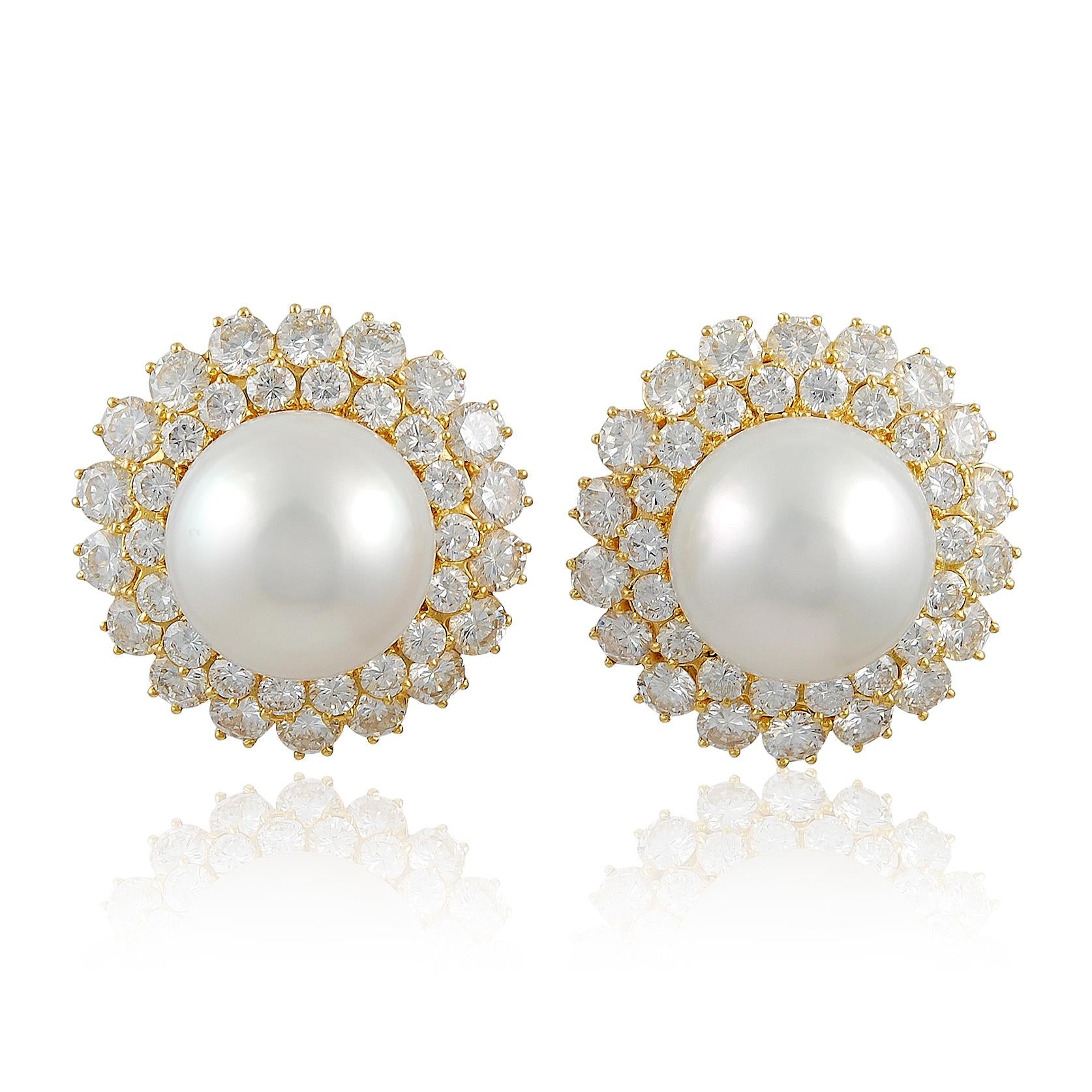 VAN CLEEF & ARPELS Cultured Button-Shaped Pearl and Diamond Ear Clips