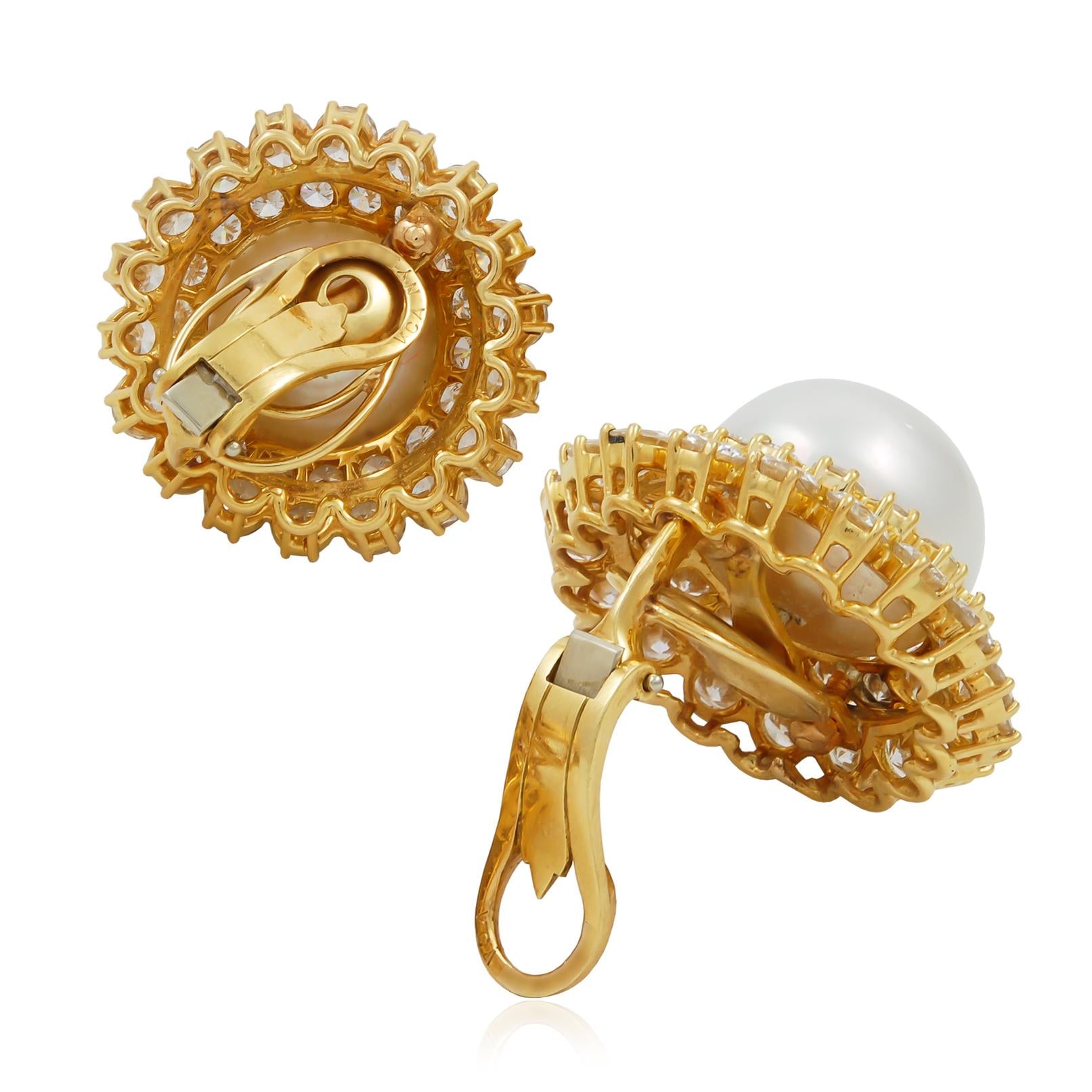 VAN CLEEF & ARPELS Cultured Button-Shaped Pearl and Diamond Ear Clips