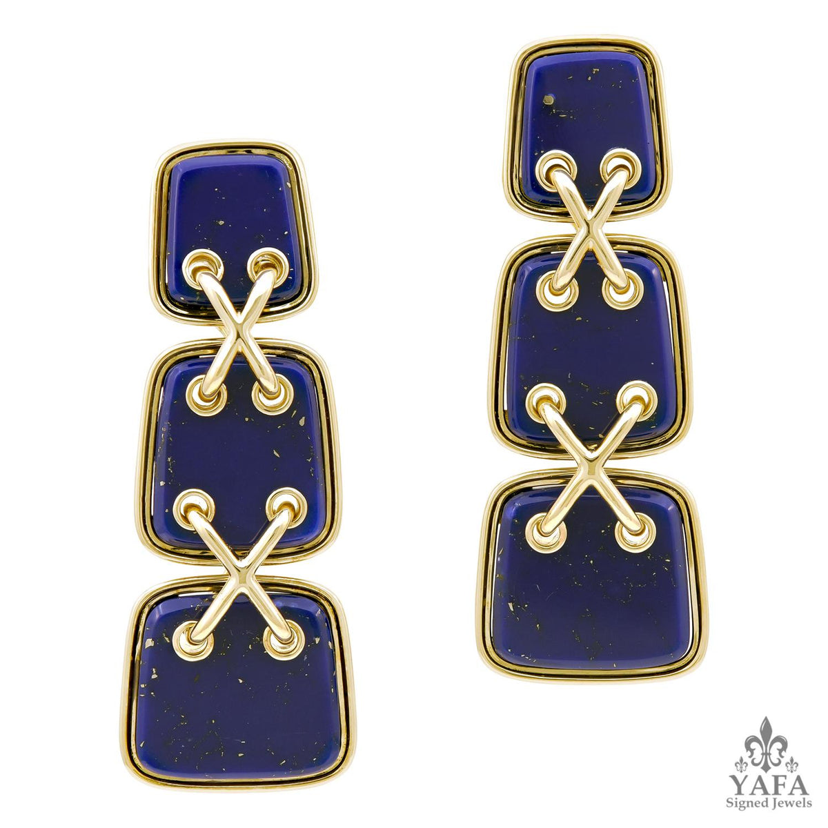 DAVID WEBB 18K Yellow Gold and Lapis Lazuli “Cross Stitch” Ear Clips
