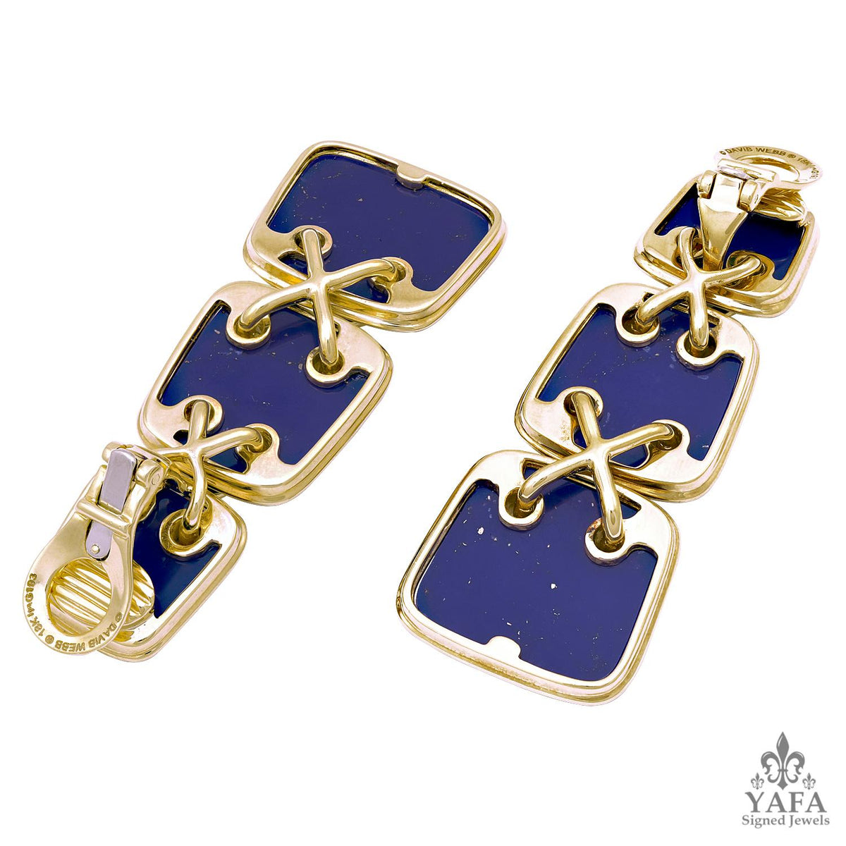 DAVID WEBB 18K Yellow Gold and Lapis Lazuli “Cross Stitch” Ear Clips