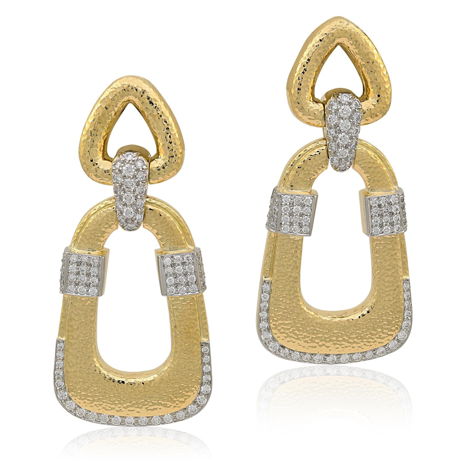 DAVID WEBB 18K Yellow Hammered Gold and Diamond “Plaza” Ear Clips