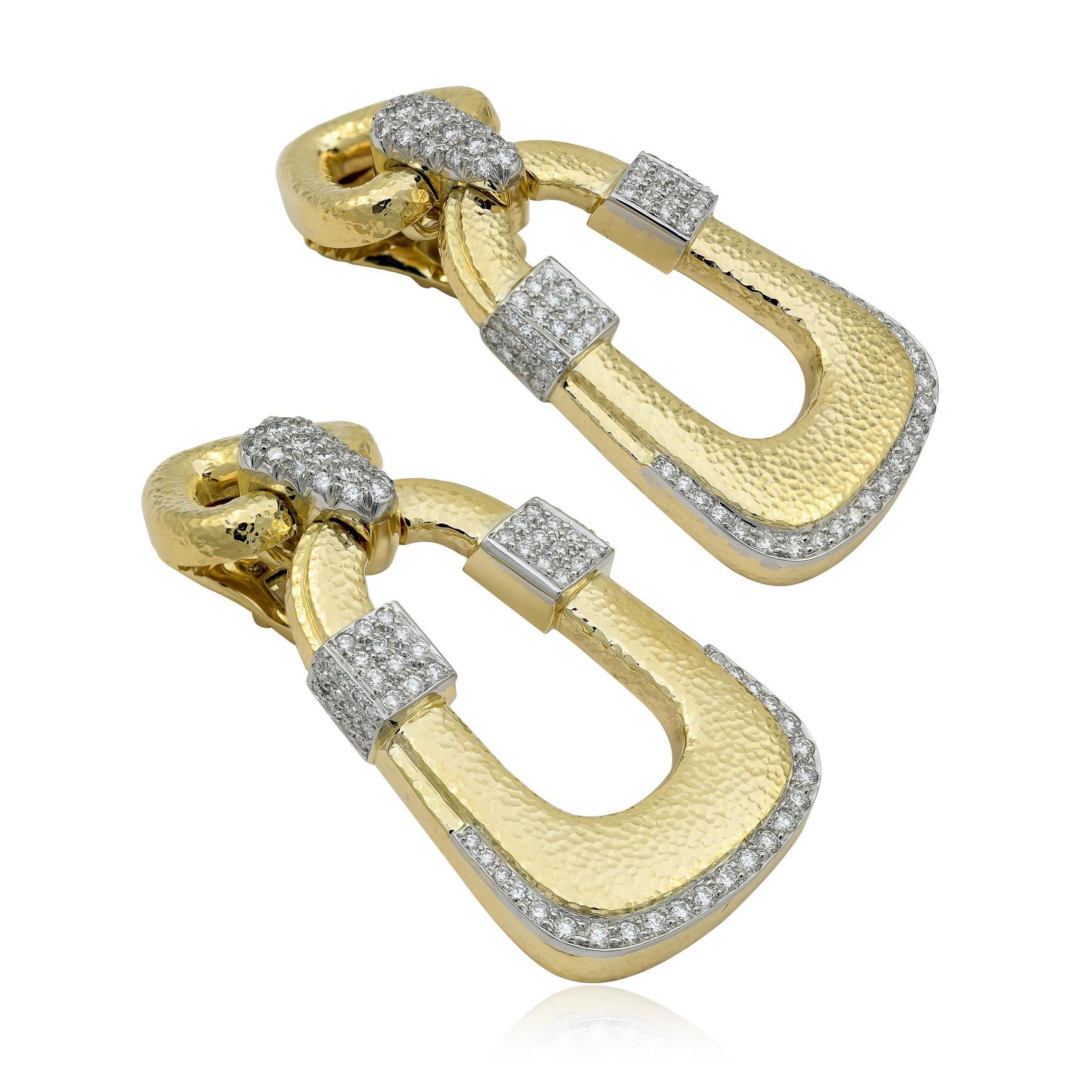 DAVID WEBB 18K Yellow Hammered Gold and Diamond “Plaza” Ear Clips