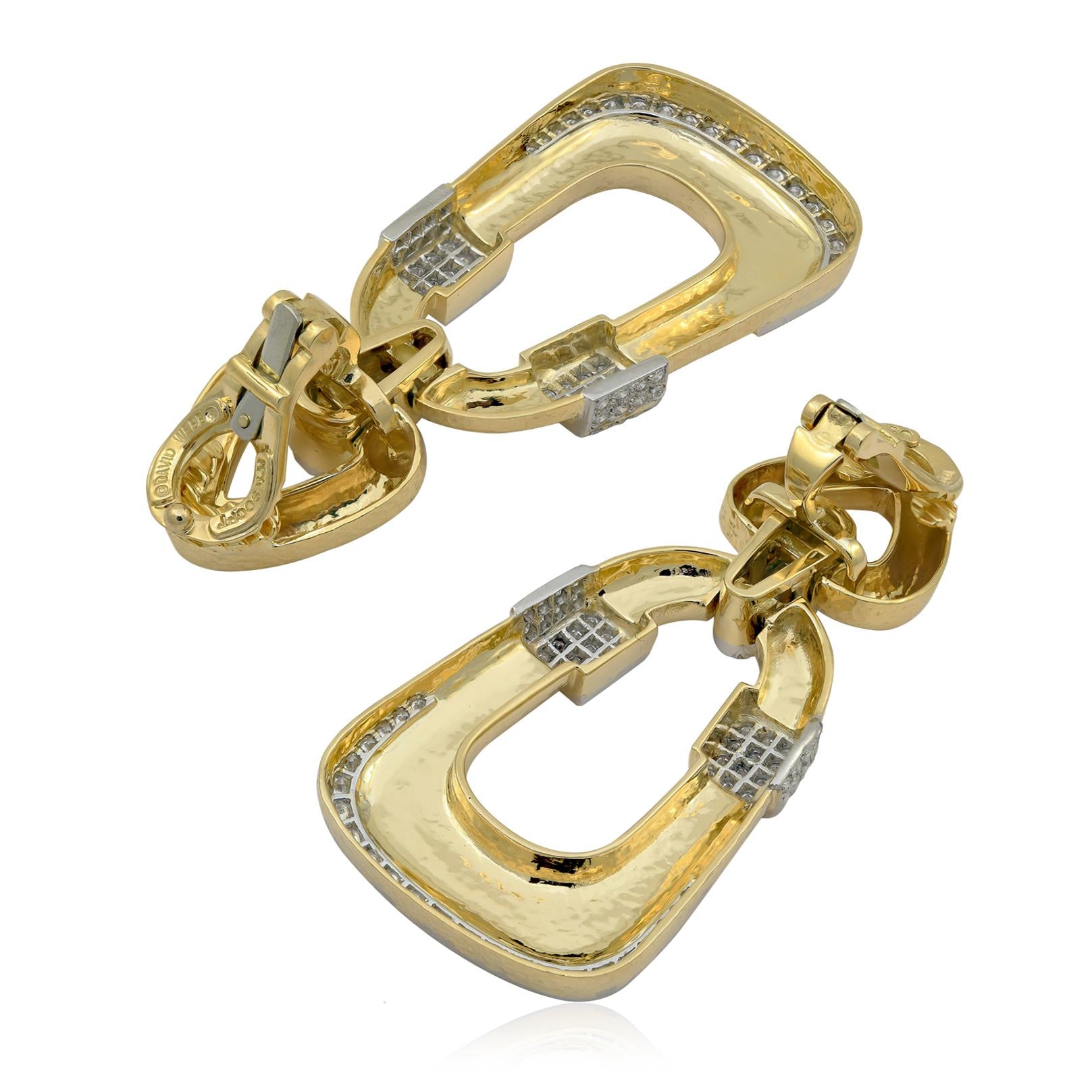 DAVID WEBB 18K Yellow Hammered Gold and Diamond “Plaza” Ear Clips