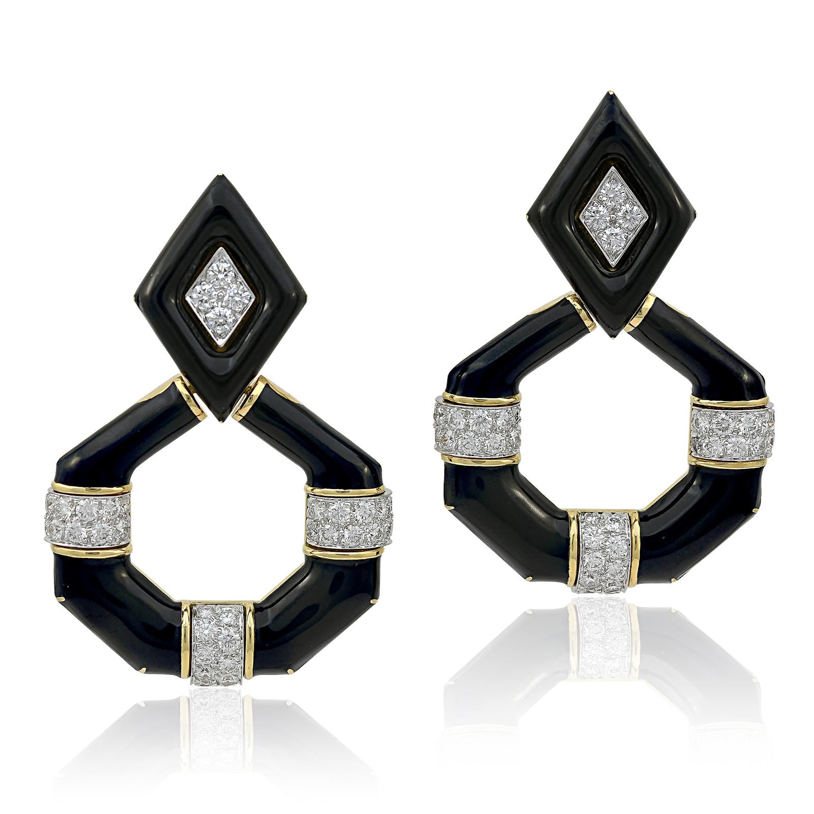 DAVID WEBB 18K Yellow Gold & Platinum, Black Enamel and Diamond Ear Clips