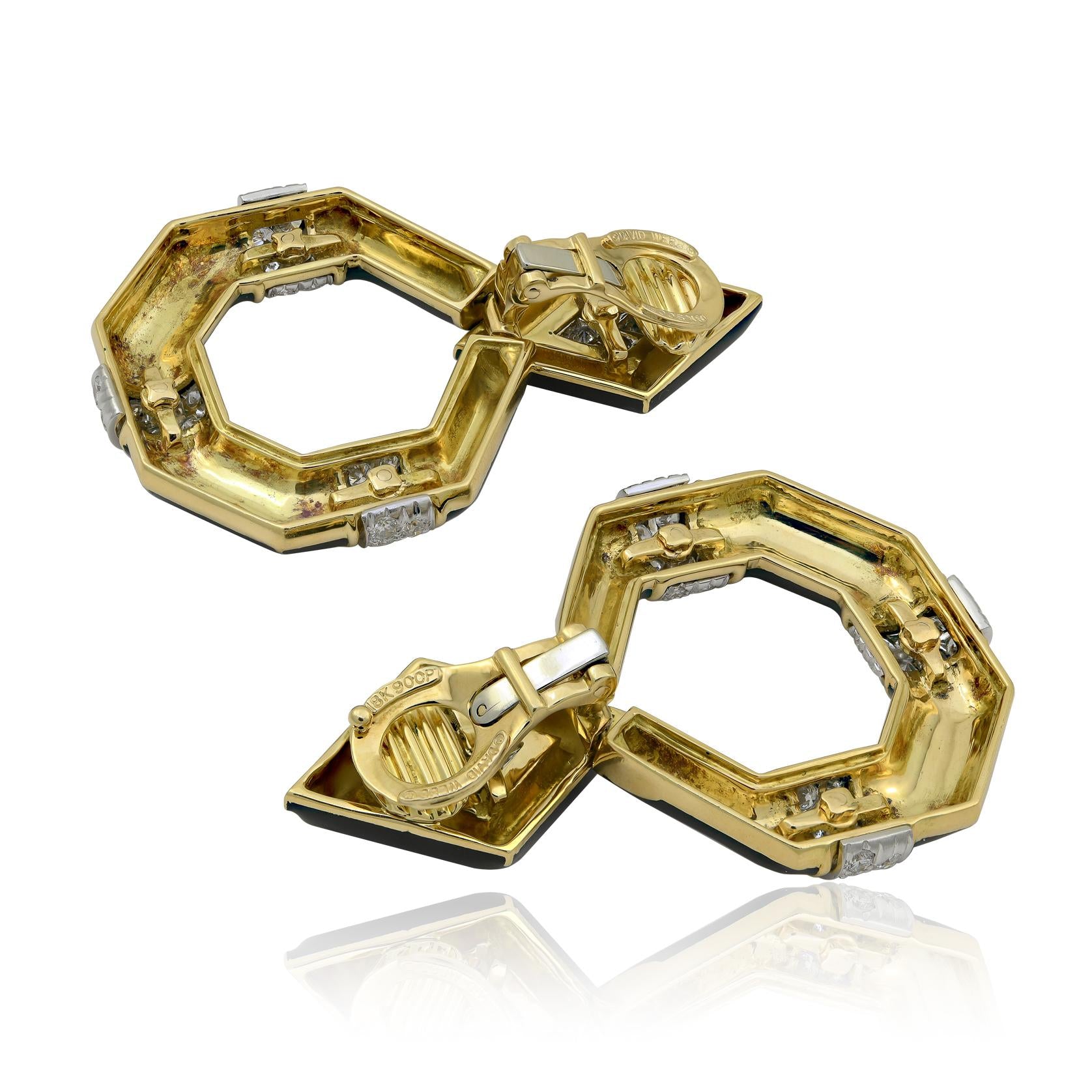 DAVID WEBB 18K Yellow Gold & Platinum, Black Enamel and Diamond Ear Clips