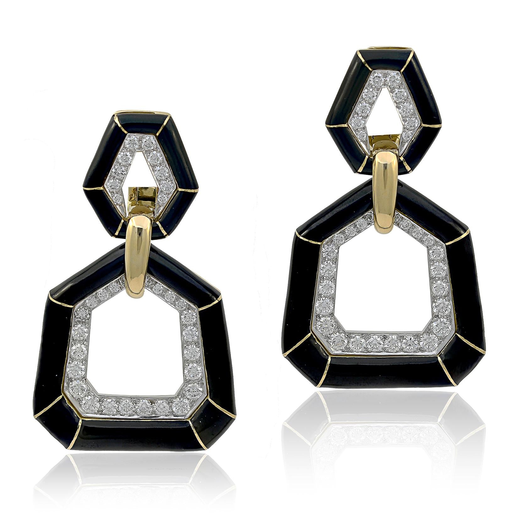 DAVID WEBB Black Enamel and Diamond Bamboo Ear Clips