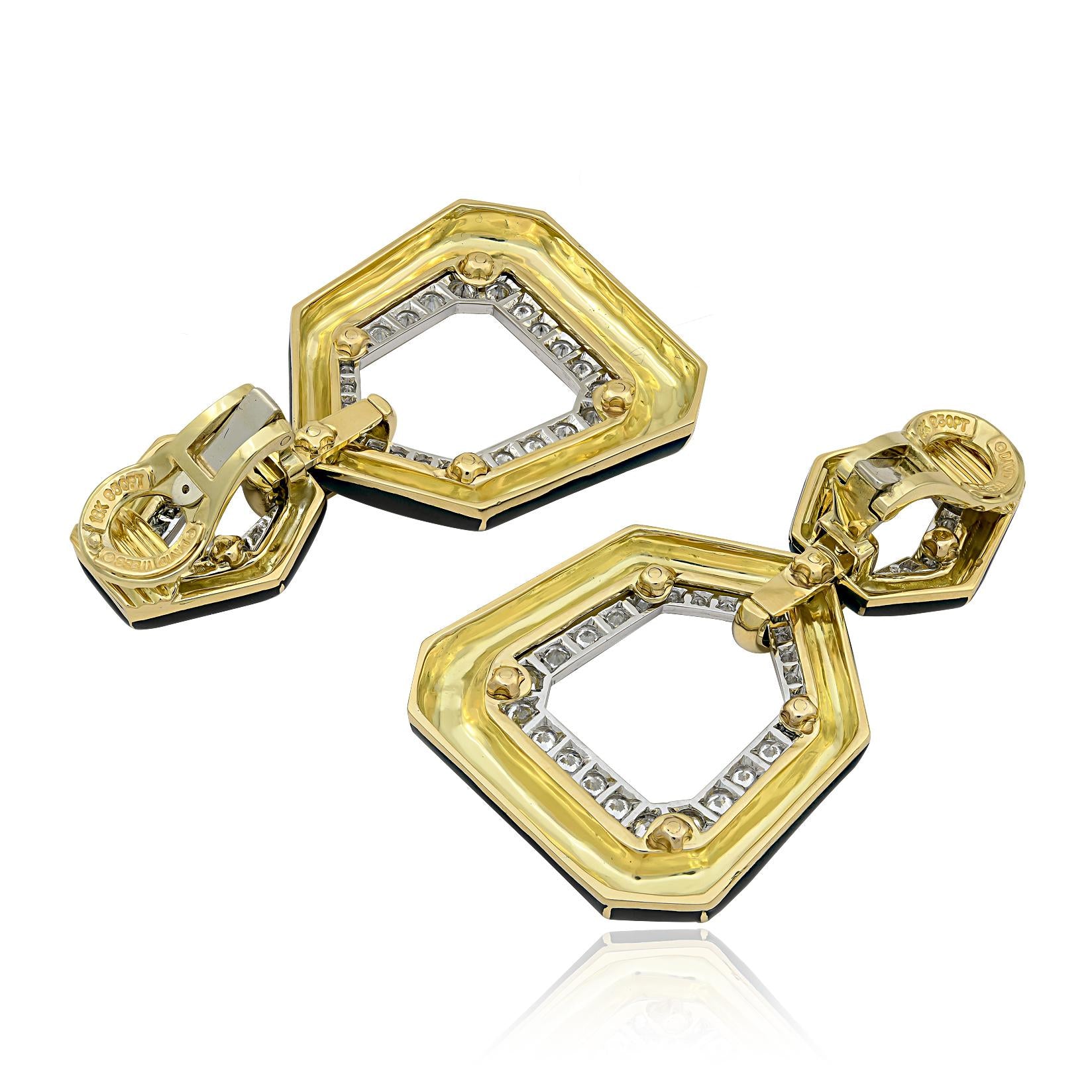 DAVID WEBB Black Enamel and Diamond Bamboo Ear Clips
