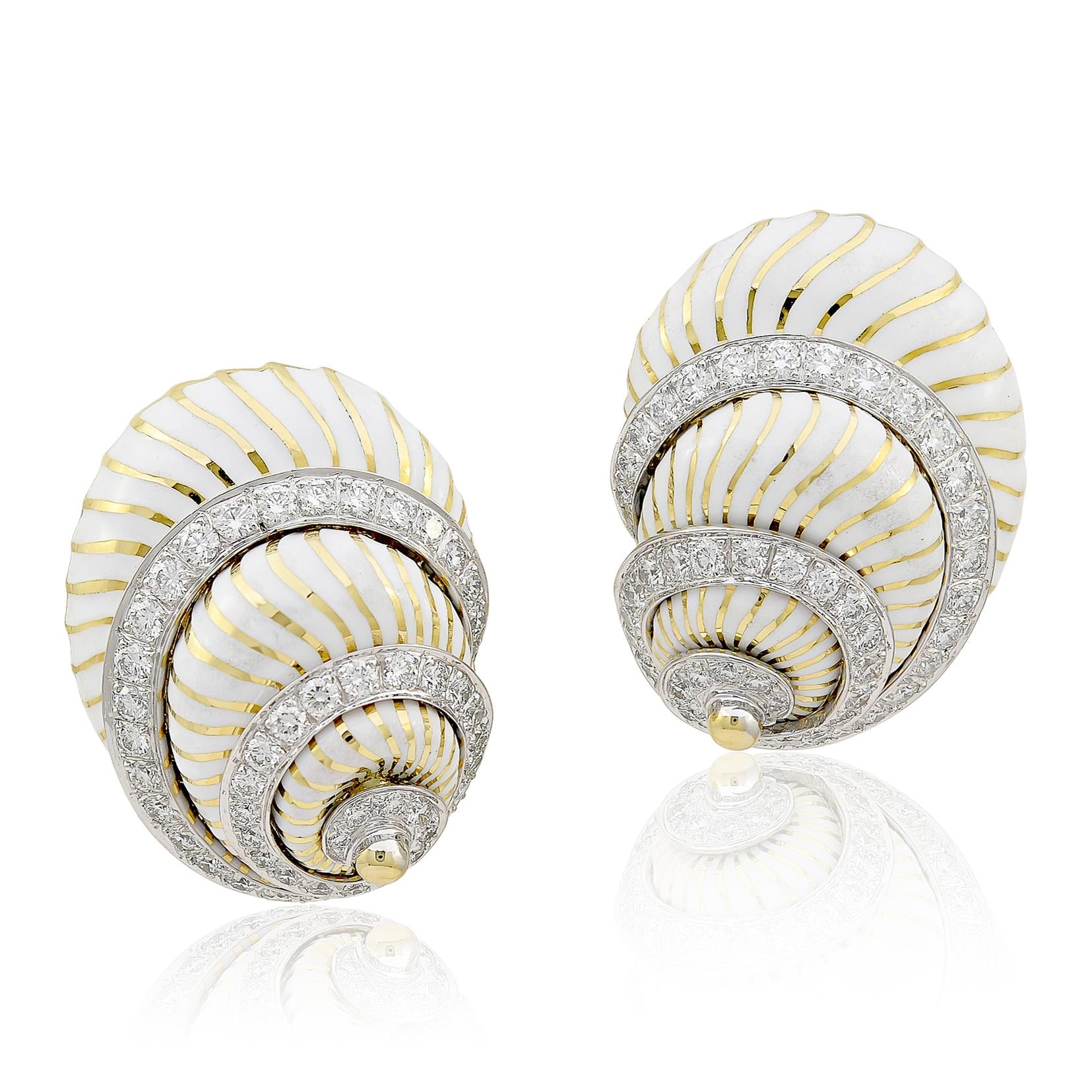 DAVID WEBB Shell Earrings, White Enamel, Diamonds