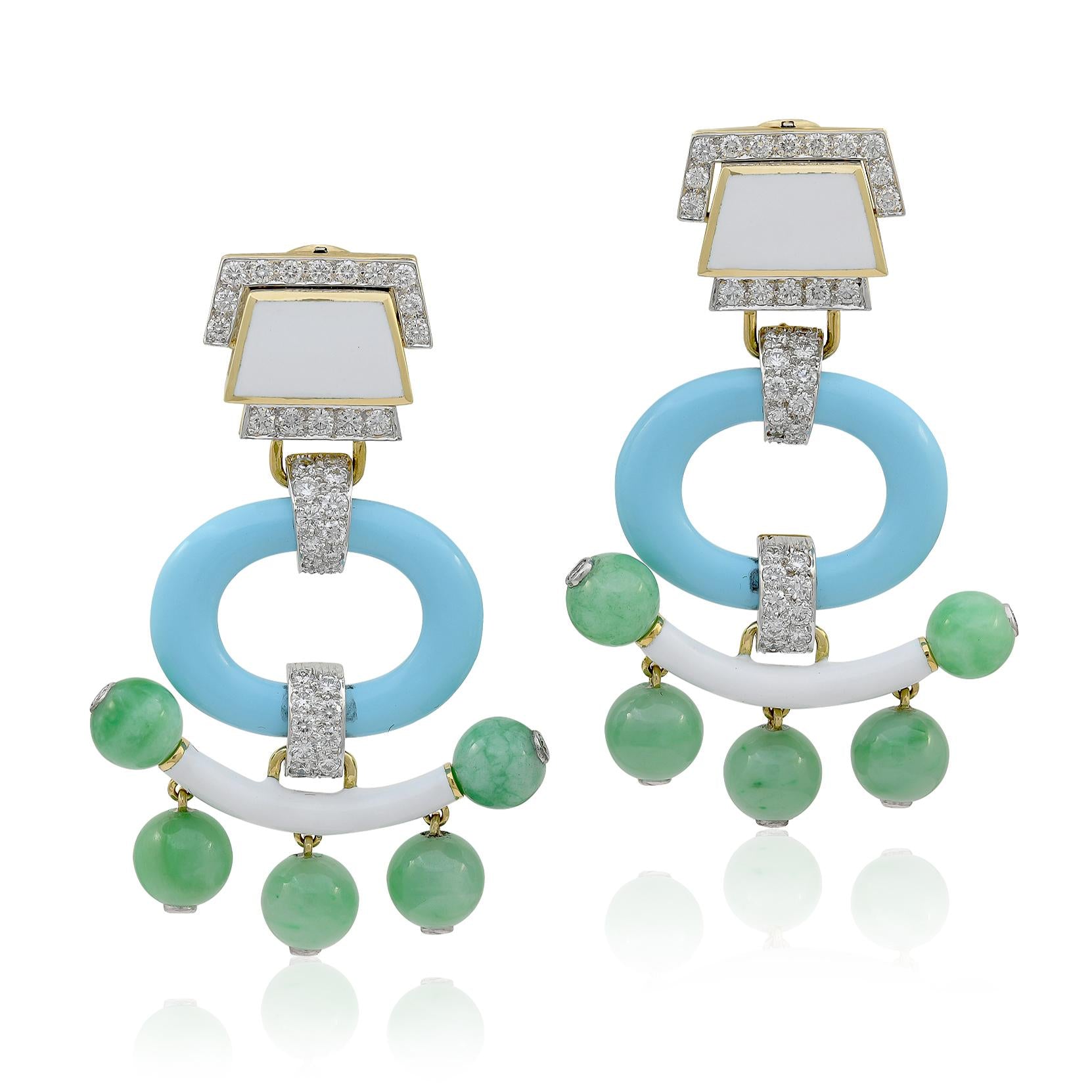 DAVID WEBB Jade Bead, Turquoise, White Enamel, and Diamond “Pagoda” Ear Clips