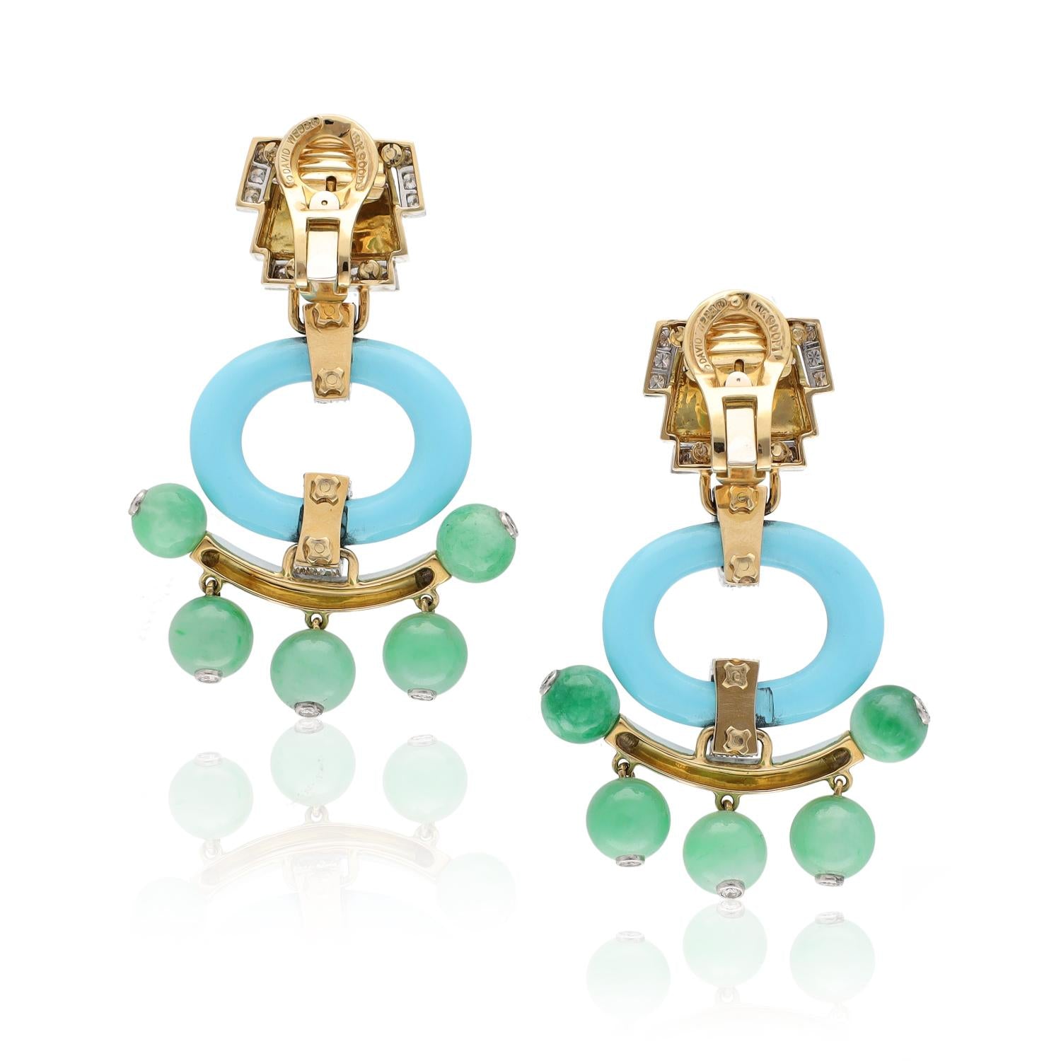 DAVID WEBB Jade Bead, Turquoise, White Enamel, and Diamond “Pagoda” Ear Clips