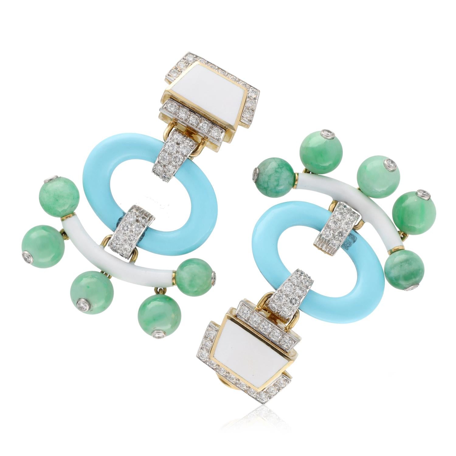 DAVID WEBB Jade Bead, Turquoise, White Enamel, and Diamond “Pagoda” Ear Clips