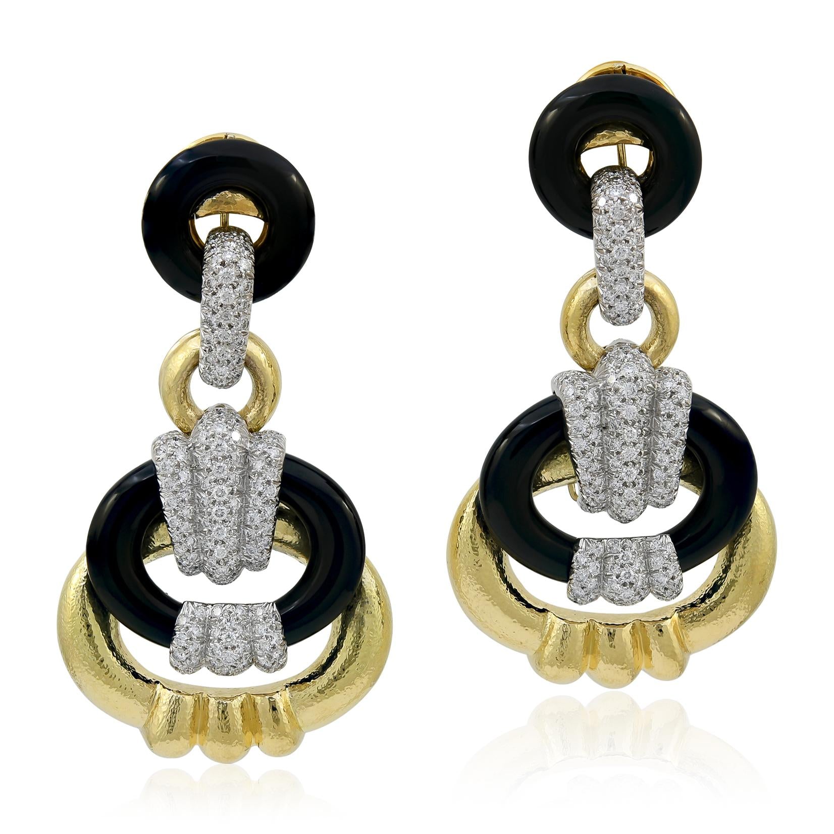 DAVID WEBB 18K Gold & Platinum Black Onyx and Diamond "Creole Hoop" Ear Clips