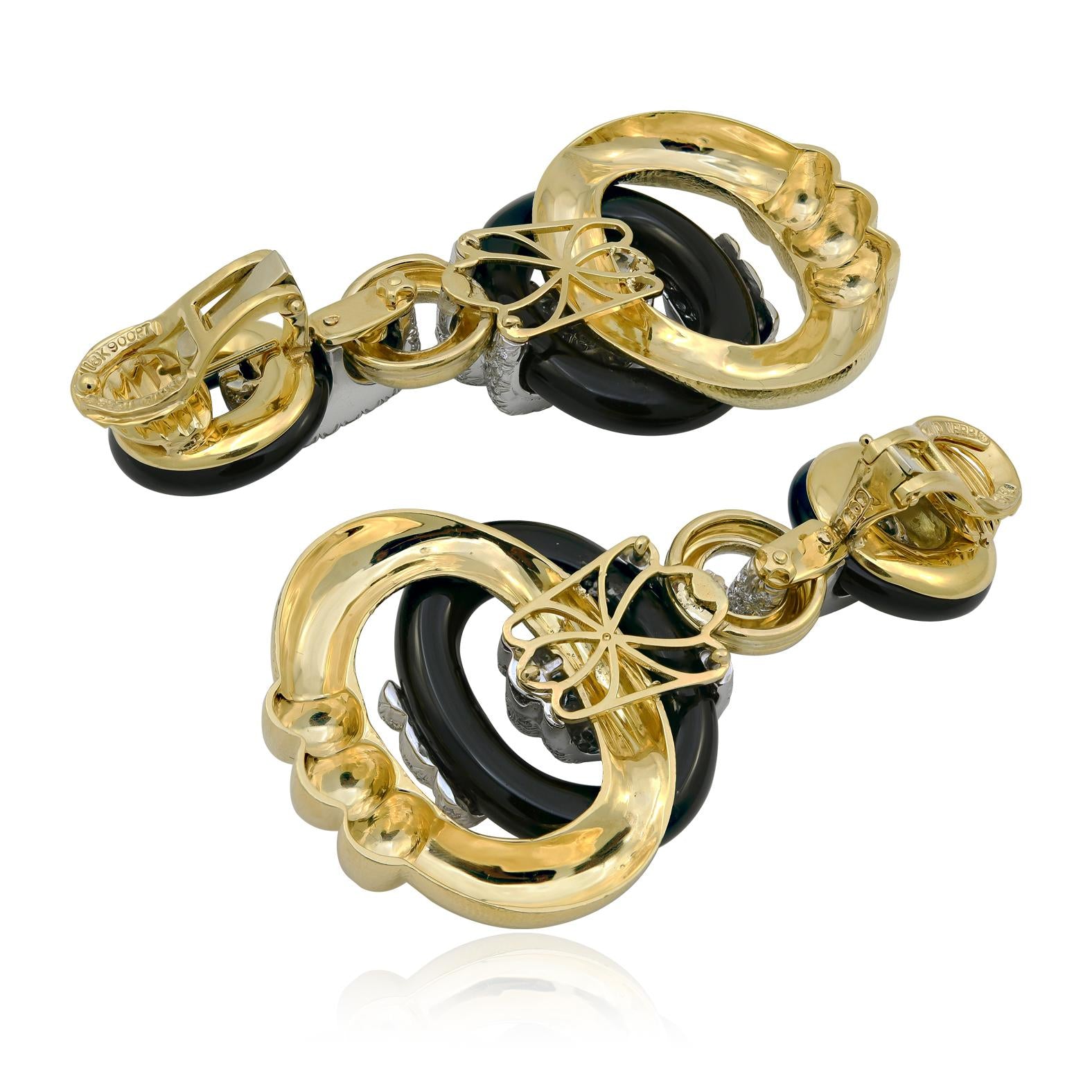 DAVID WEBB 18K Gold & Platinum Black Onyx and Diamond "Creole Hoop" Ear Clips