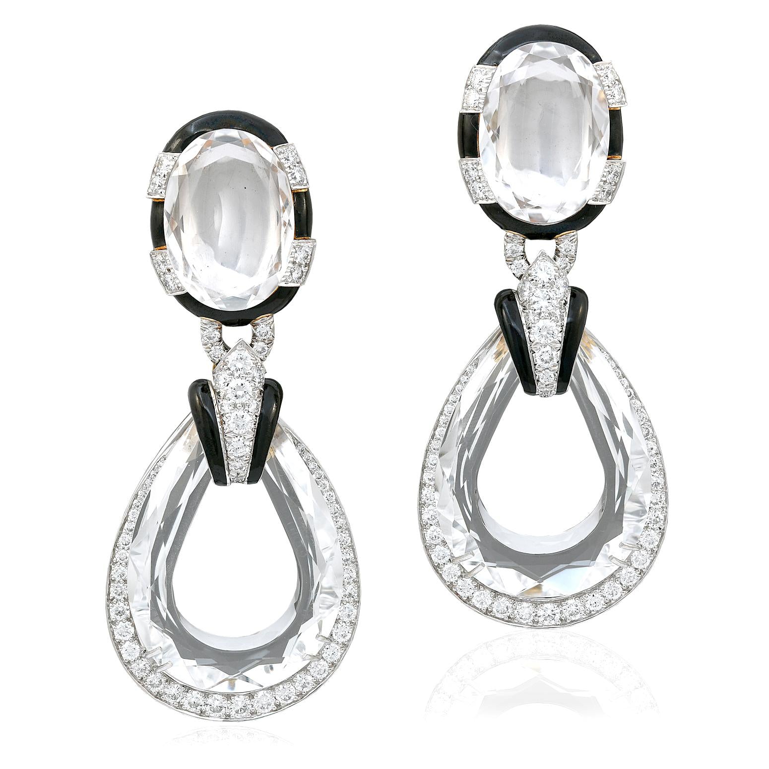 DAVID WEBB Faceted Rock Crystal, Black Enamel and Diamond “Midnight” Ear Clips