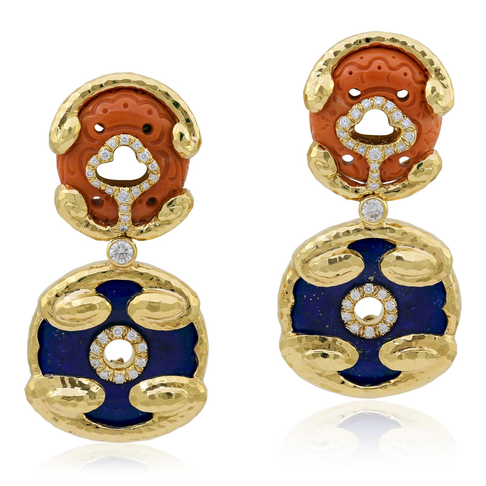 DAVID WEBB Lapis Lazuli Disk, Carved Coral and Diamond “Scroll Disk” Ear Clips