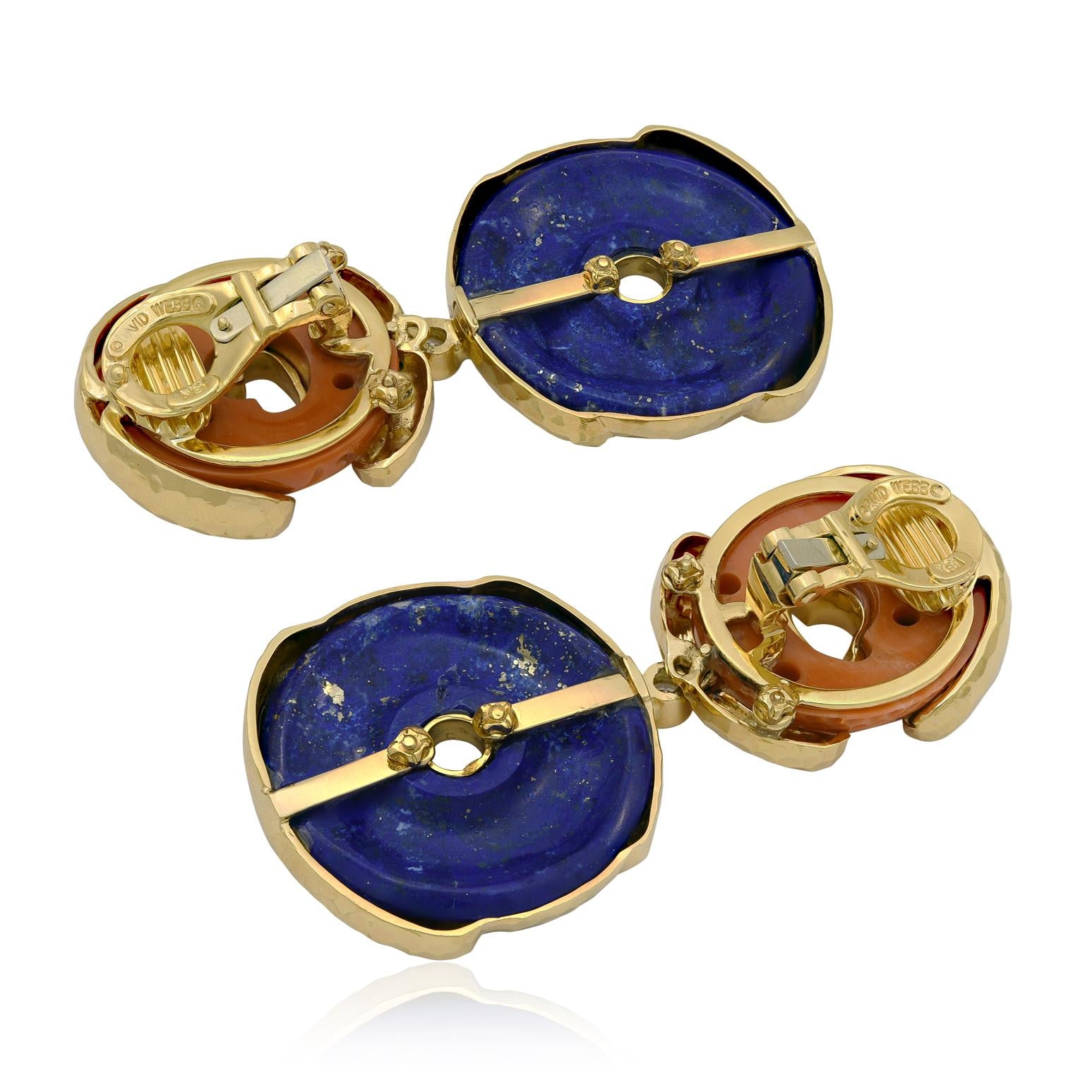 DAVID WEBB Lapis Lazuli Disk, Carved Coral and Diamond “Scroll Disk” Ear Clips