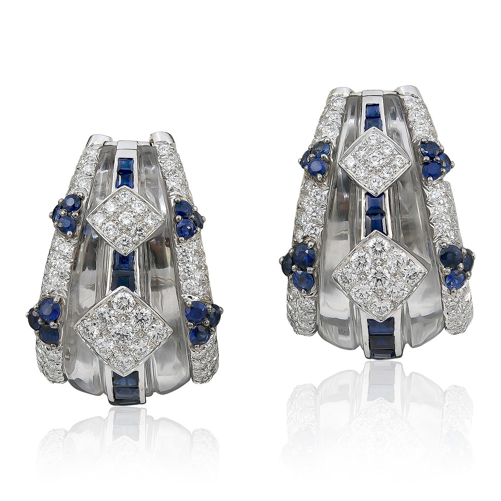 DAVID WEBB Carved Rock Crystal, Sapphire and Diamond Ear Clips