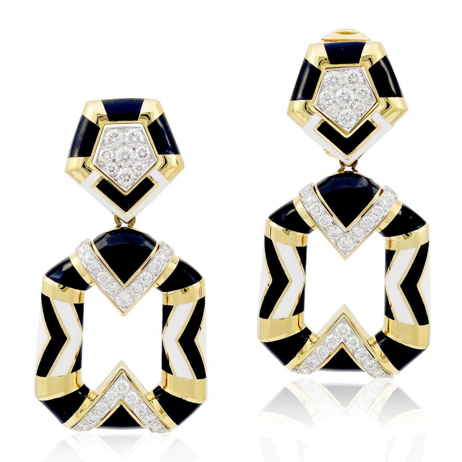 DAVID WEBB Enamel and Diamond Chevron Pentagon Earrings
