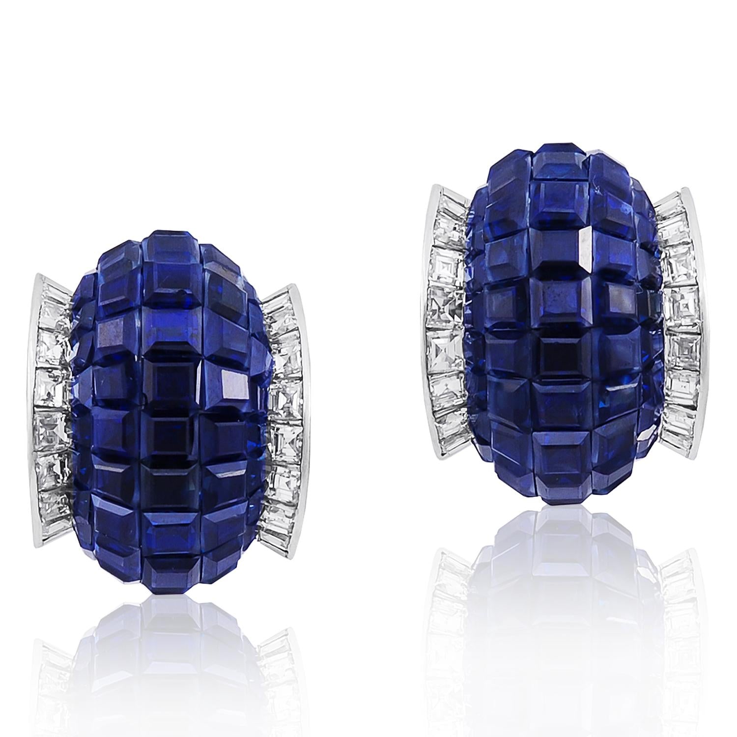 VAN CLEEF & ARPELS Platinum Mystery-Set Sapphire and Diamond Ear Clips