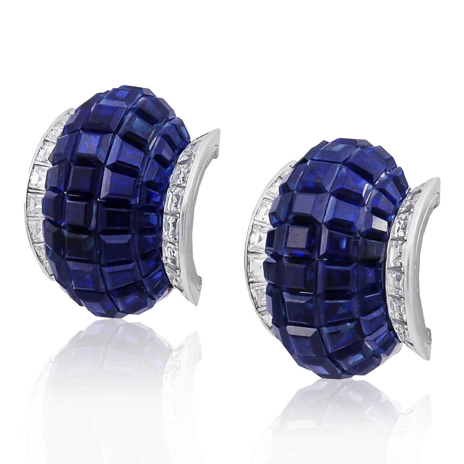 VAN CLEEF & ARPELS Platinum Mystery-Set Sapphire and Diamond Ear Clips