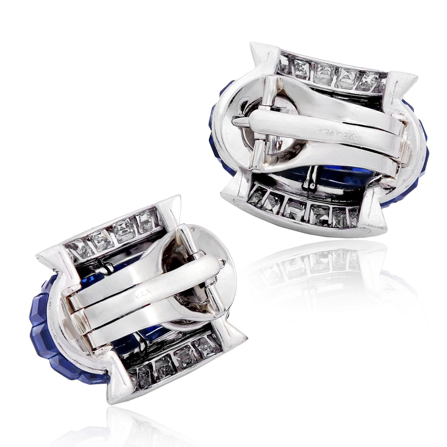 VAN CLEEF & ARPELS Platinum Mystery-Set Sapphire and Diamond Ear Clips