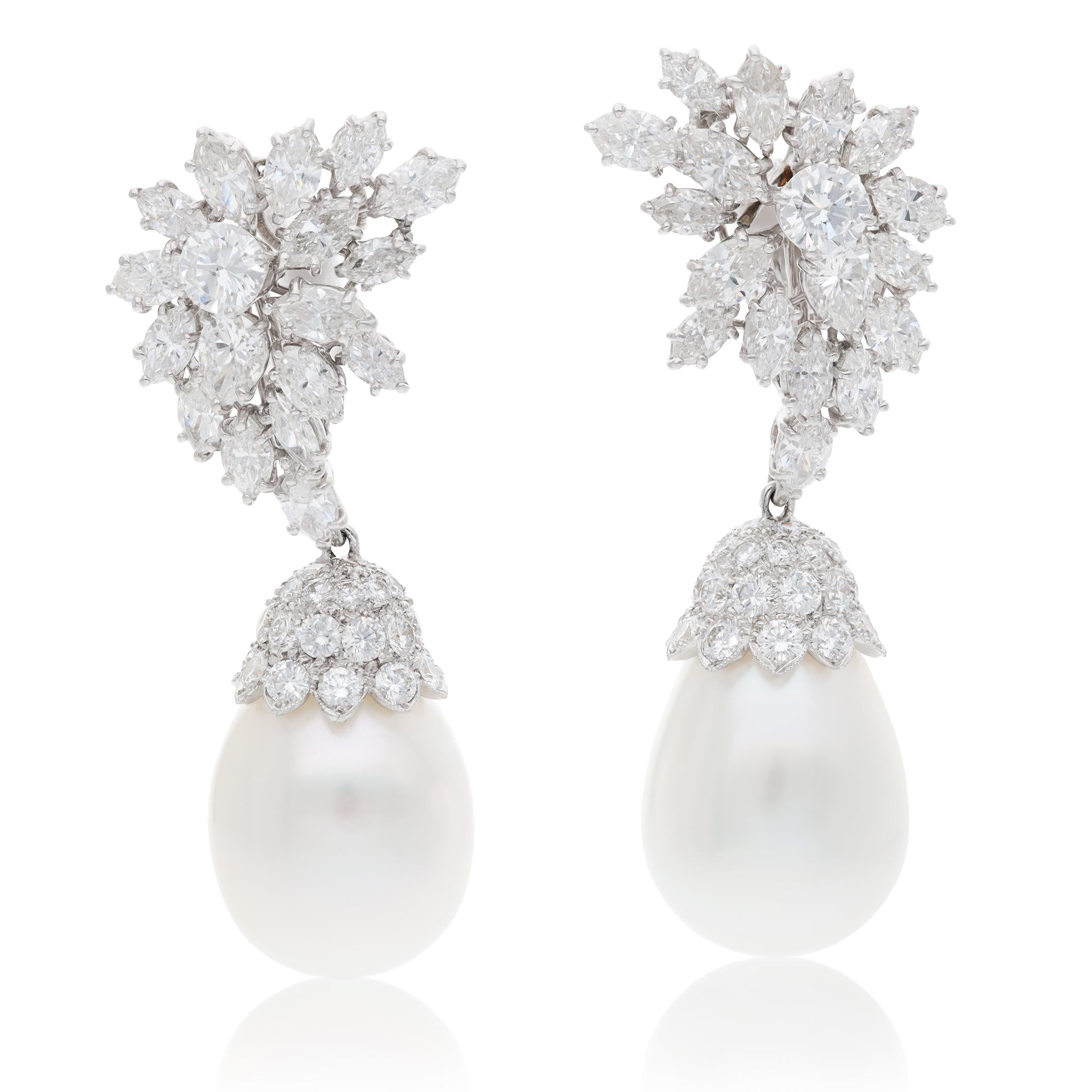 HARRY WINSTON Platinum, Diamond and Cultured Pearl Cluster Ear Clips