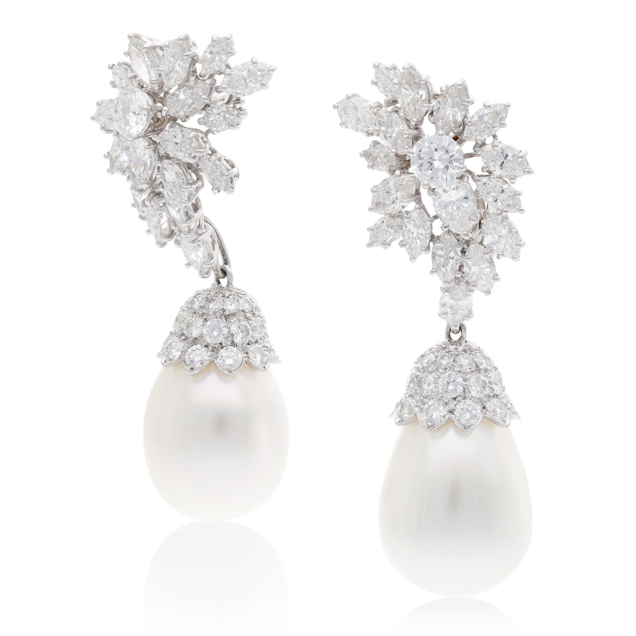 HARRY WINSTON Platinum, Diamond and Cultured Pearl Cluster Ear Clips