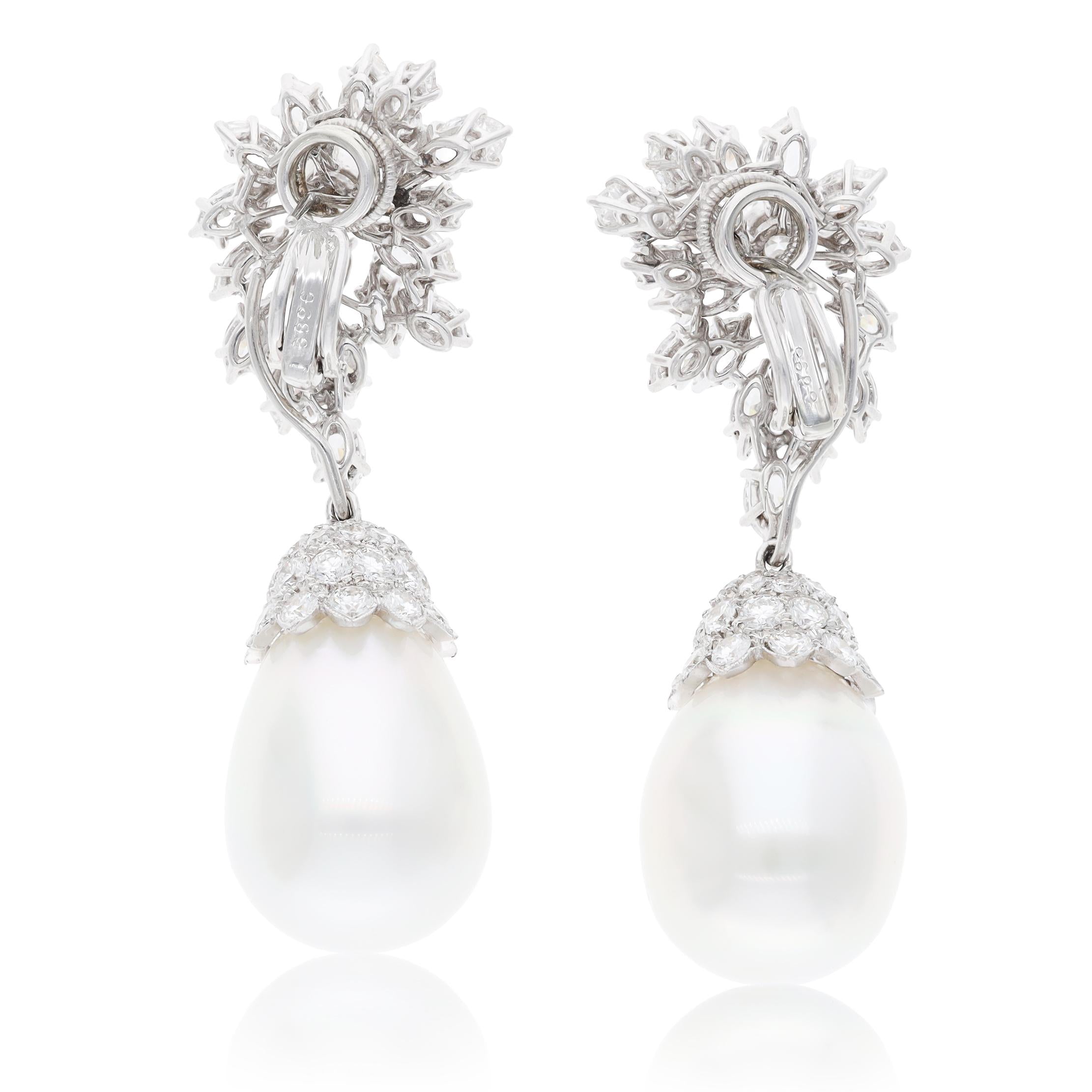 HARRY WINSTON Platinum, Diamond and Cultured Pearl Cluster Ear Clips