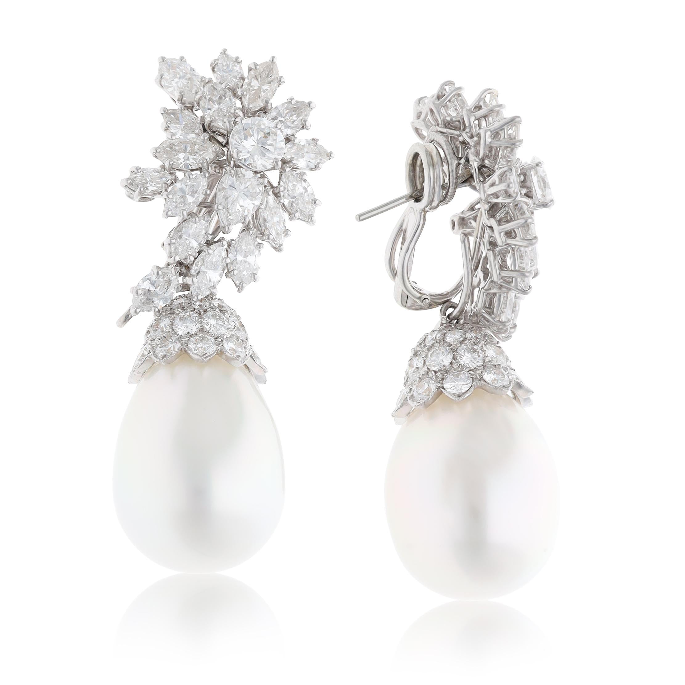 HARRY WINSTON Platinum, Diamond and Cultured Pearl Cluster Ear Clips