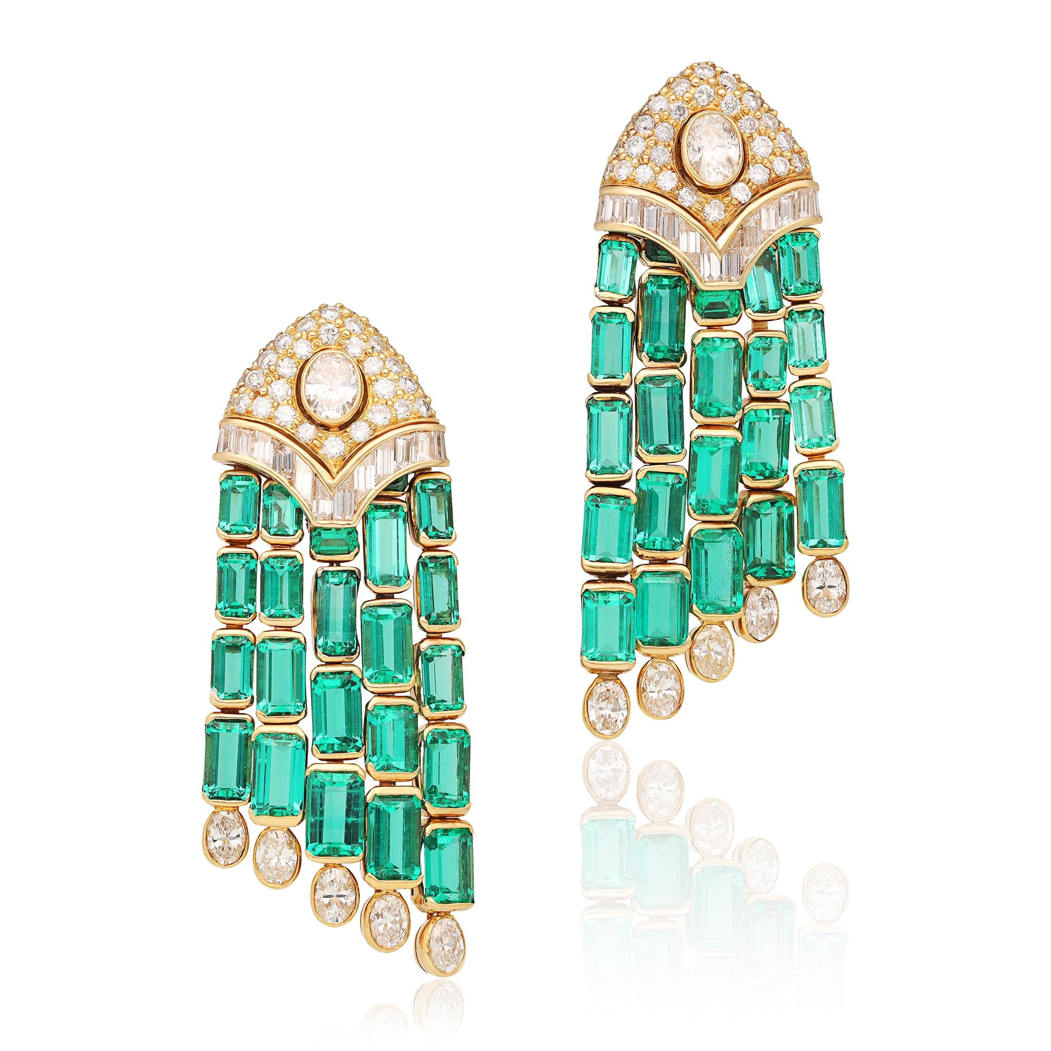 BVLGARI 18K Yellow Gold, No-Oil Emerald and Diamond Ear Clips