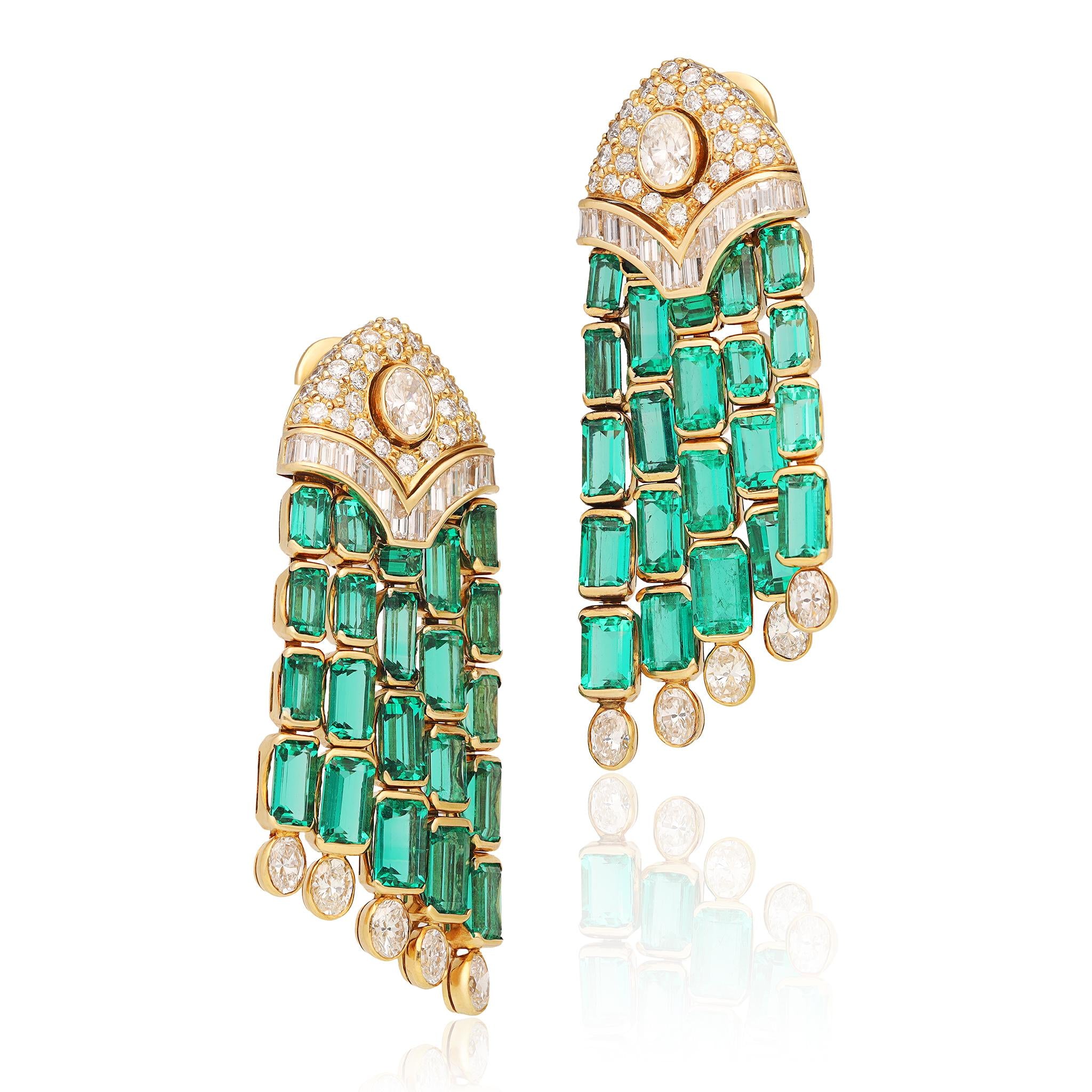 BVLGARI 18K Yellow Gold, No-Oil Emerald and Diamond Ear Clips