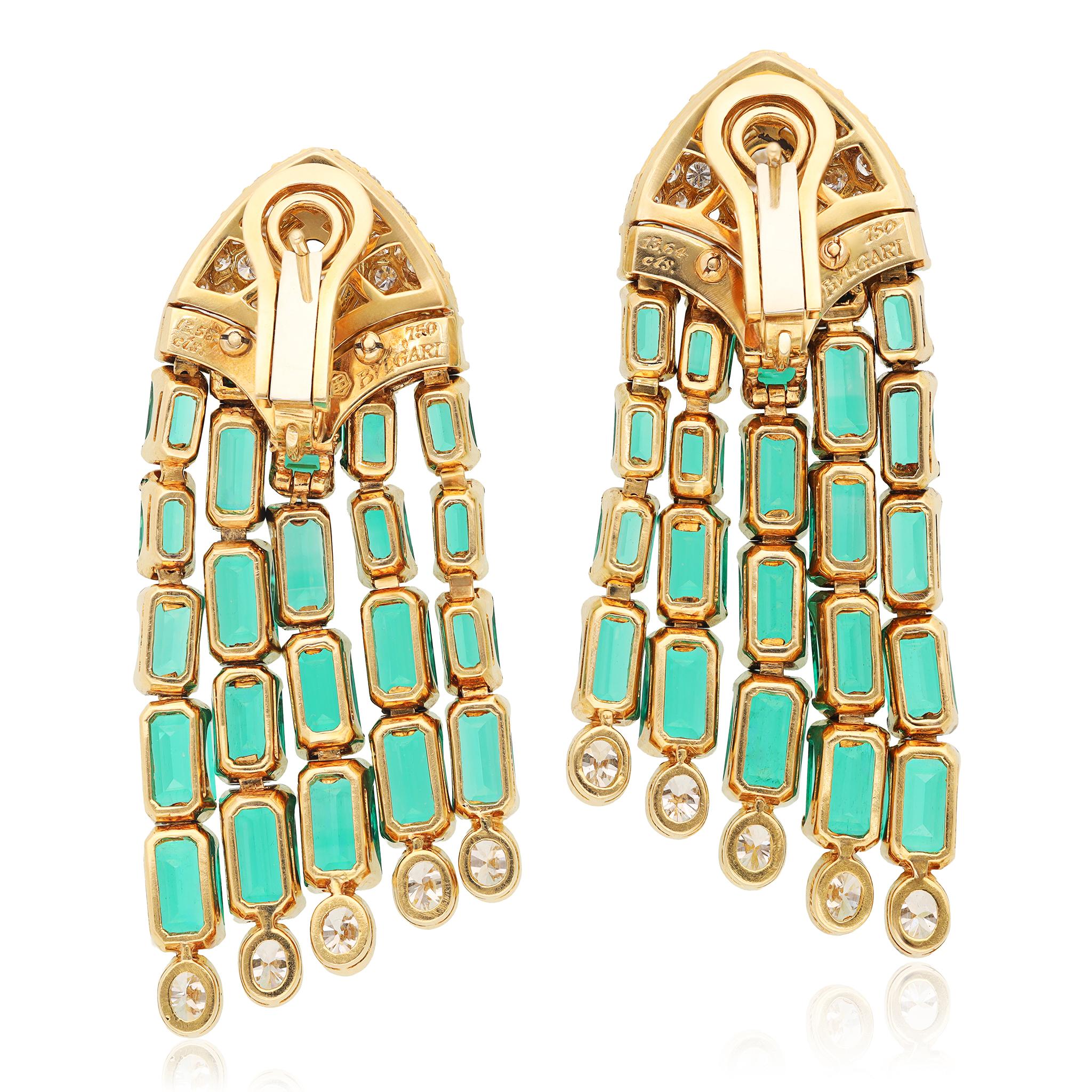 BVLGARI 18K Yellow Gold, No-Oil Emerald and Diamond Ear Clips