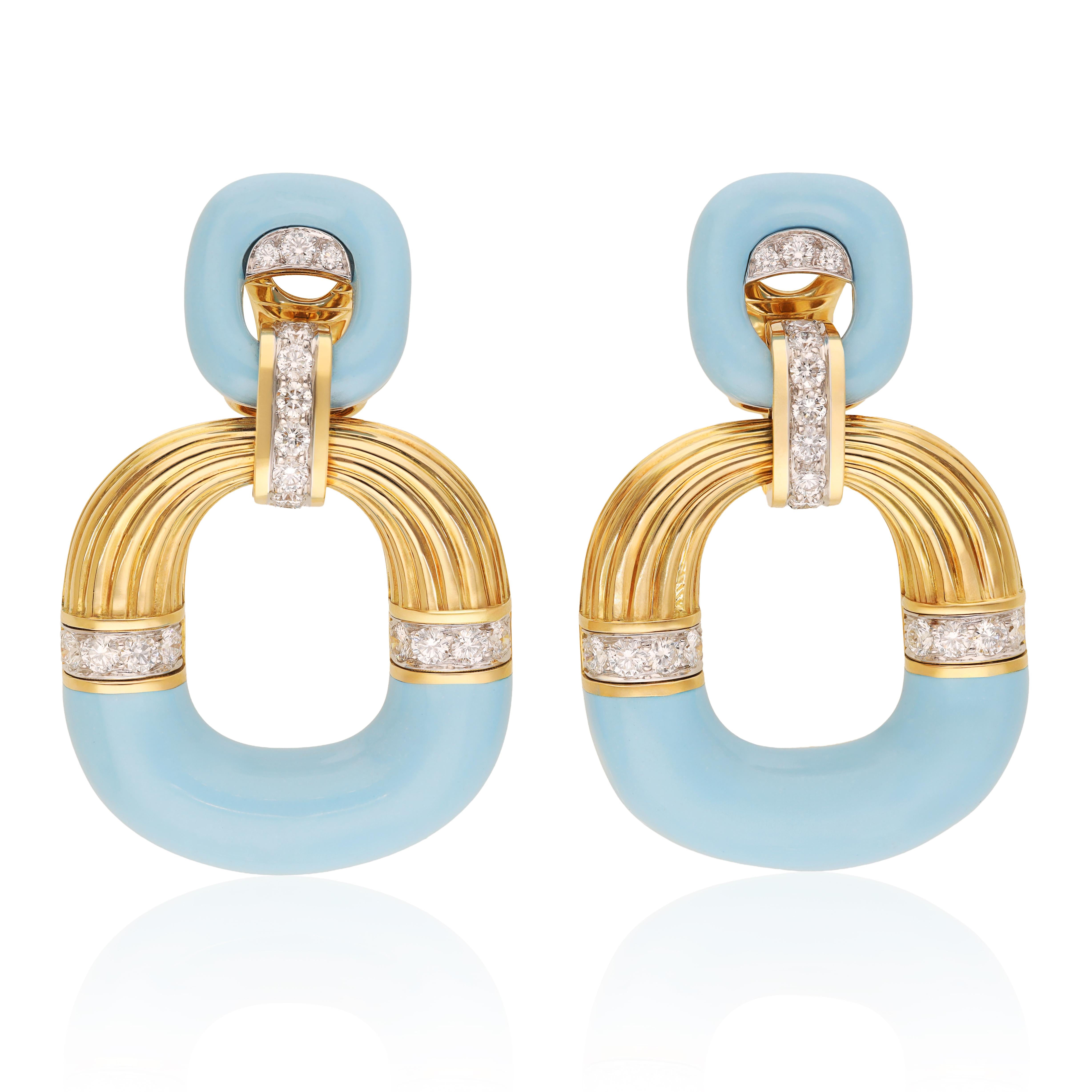 DAVID WEBB Radiator Hoop Earrings, Diamonds and Light Blue Enamel