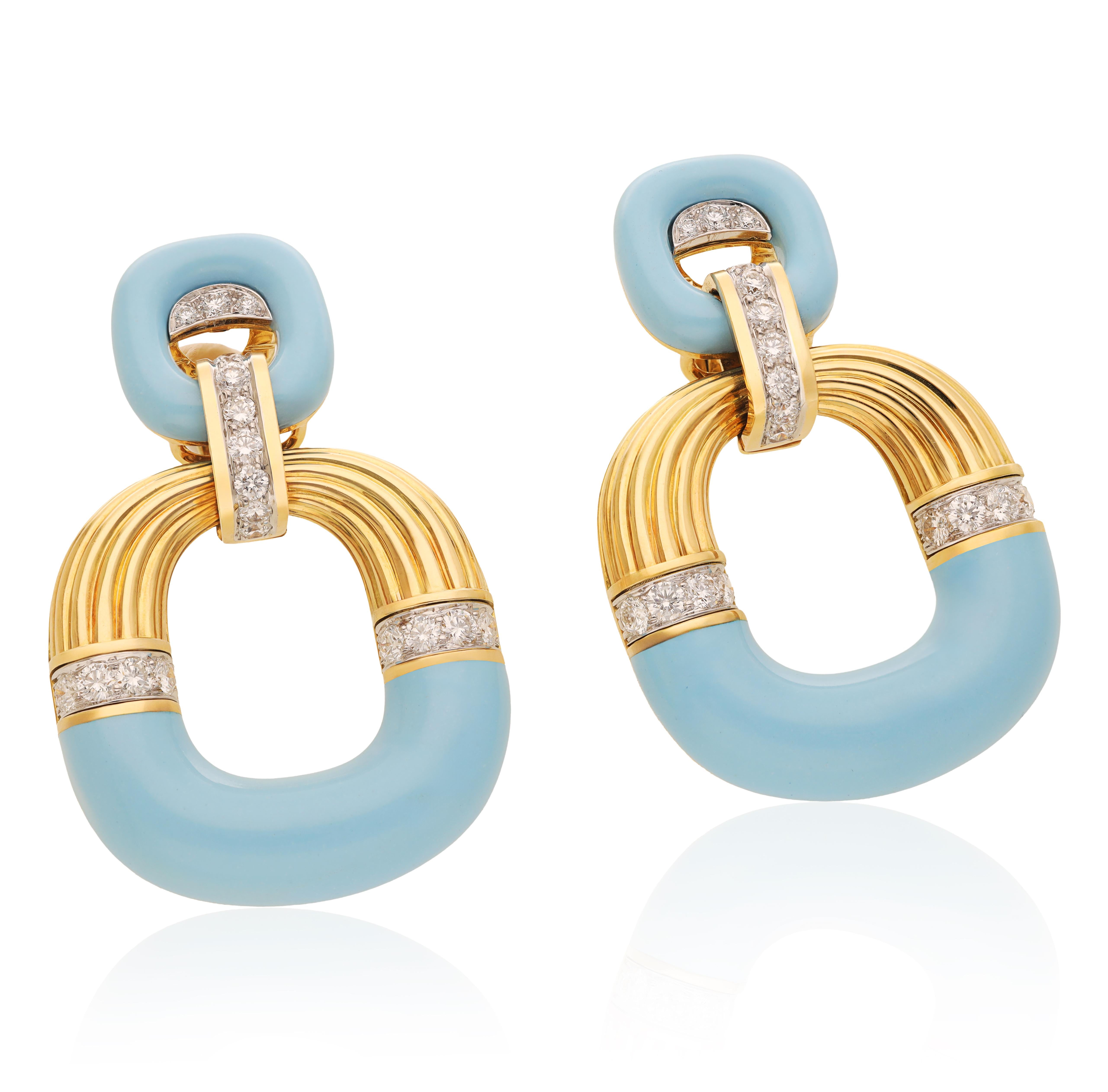 DAVID WEBB Radiator Hoop Earrings, Diamonds and Light Blue Enamel