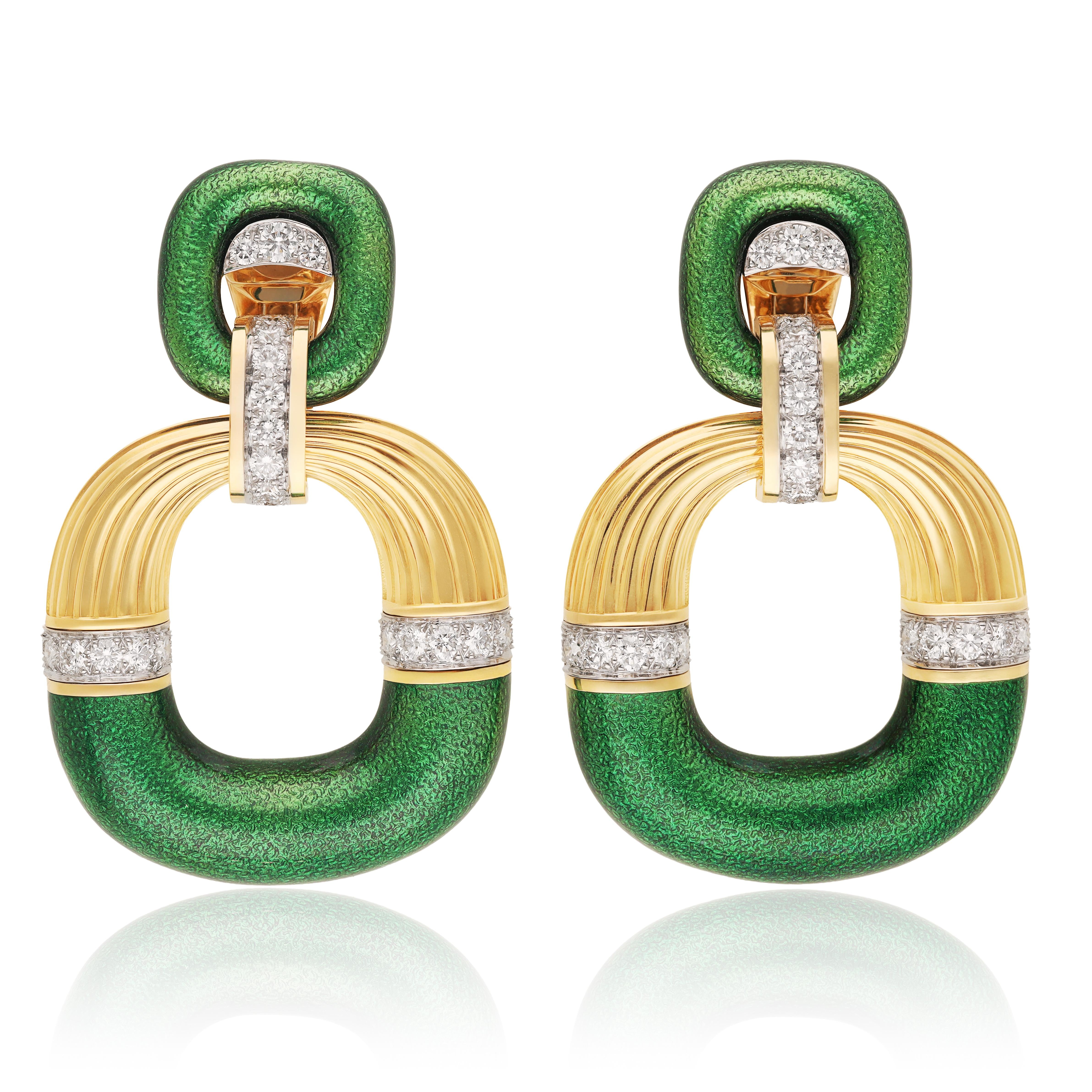 DAVID WEBB Radiator Hoop Earrings, Diamonds and Green Enamel