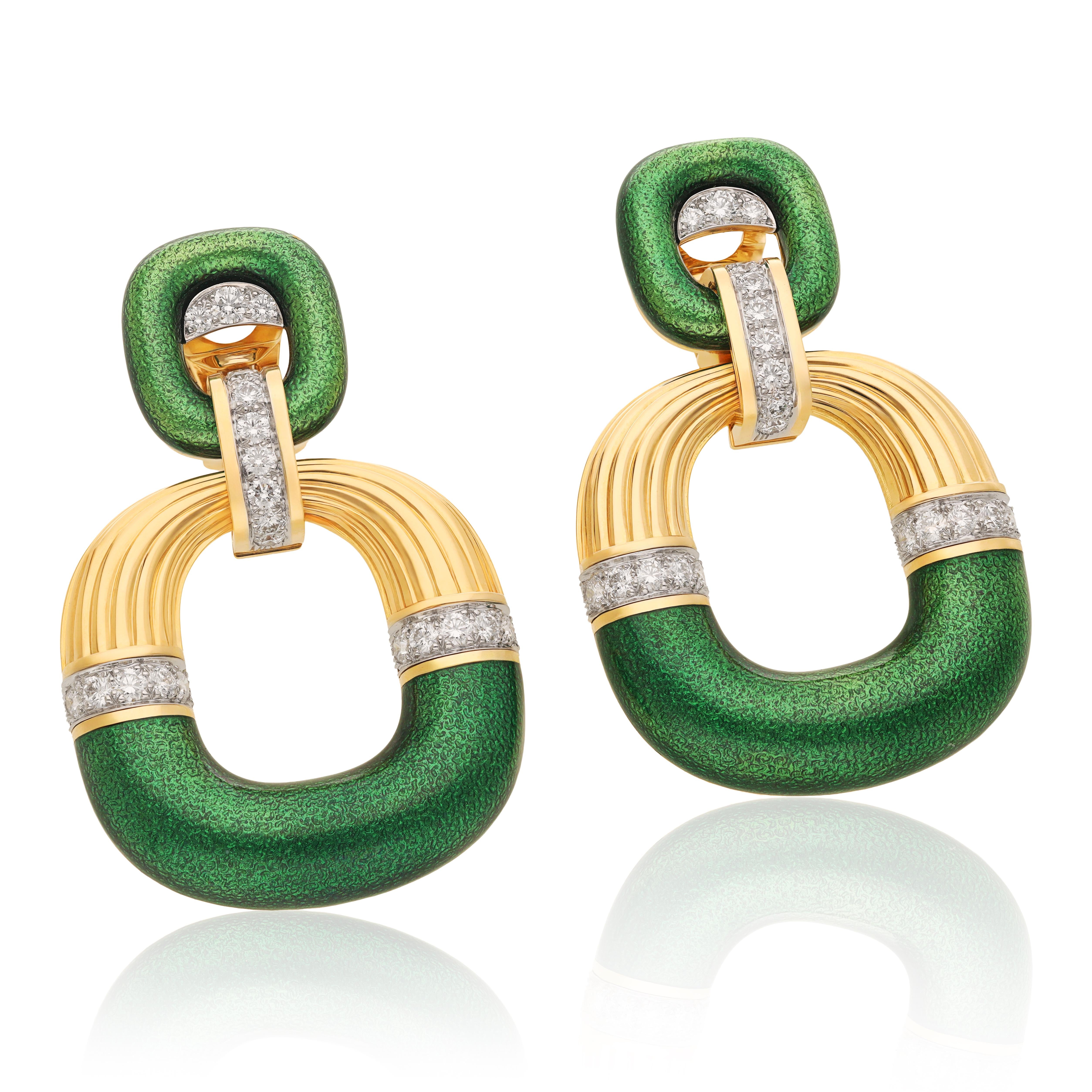 DAVID WEBB Radiator Hoop Earrings, Diamonds and Green Enamel