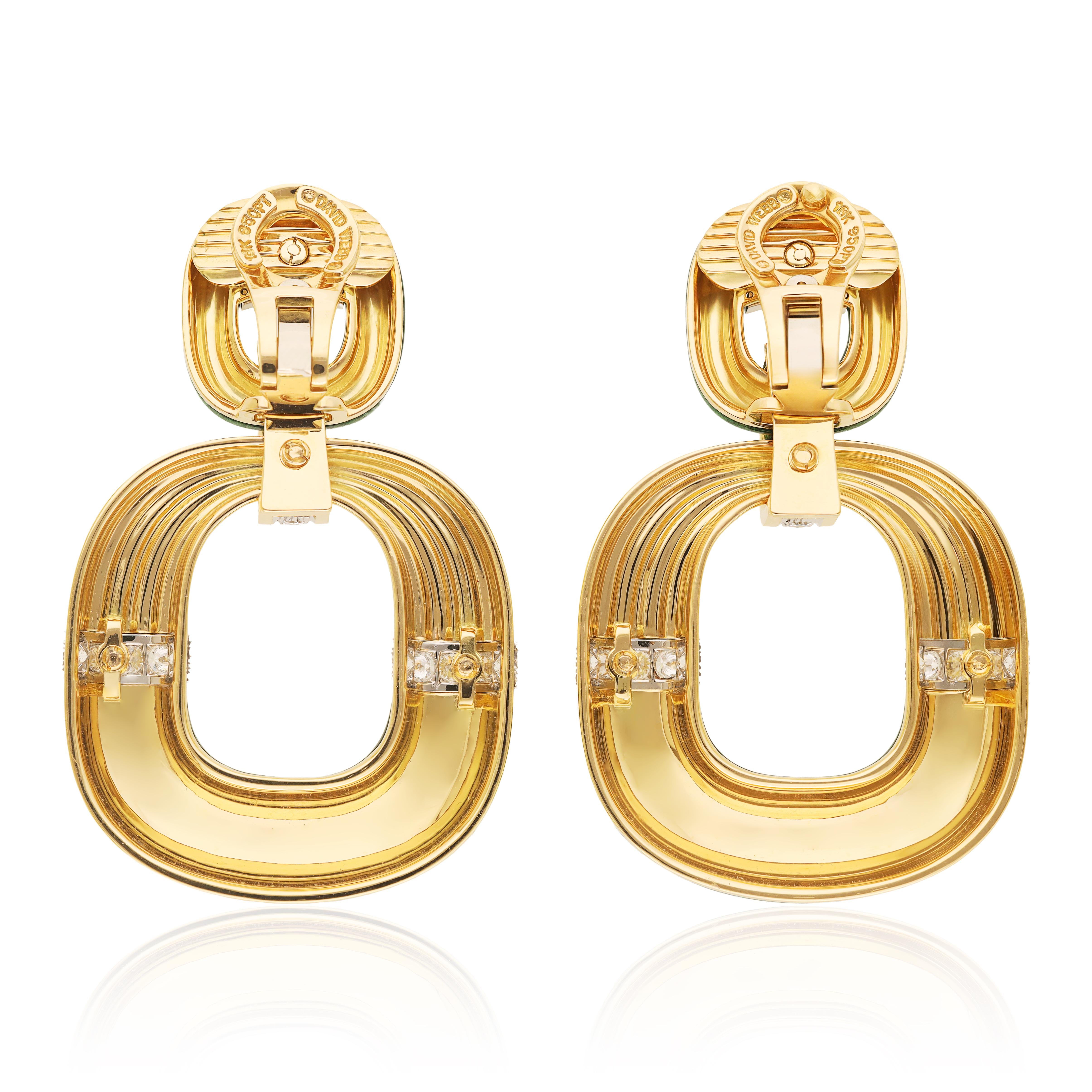 DAVID WEBB Radiator Hoop Earrings, Diamonds and Green Enamel