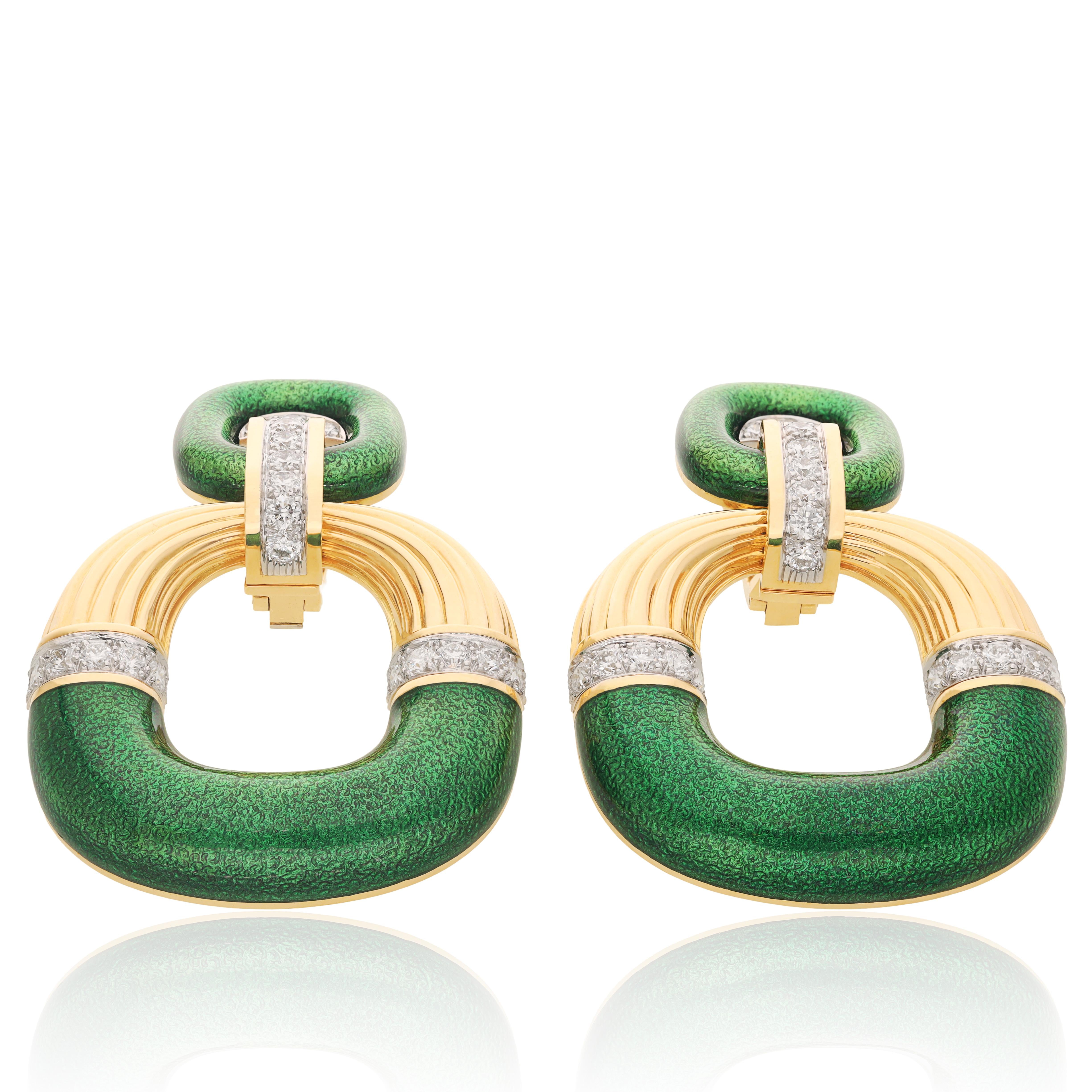 DAVID WEBB Radiator Hoop Earrings, Diamonds and Green Enamel