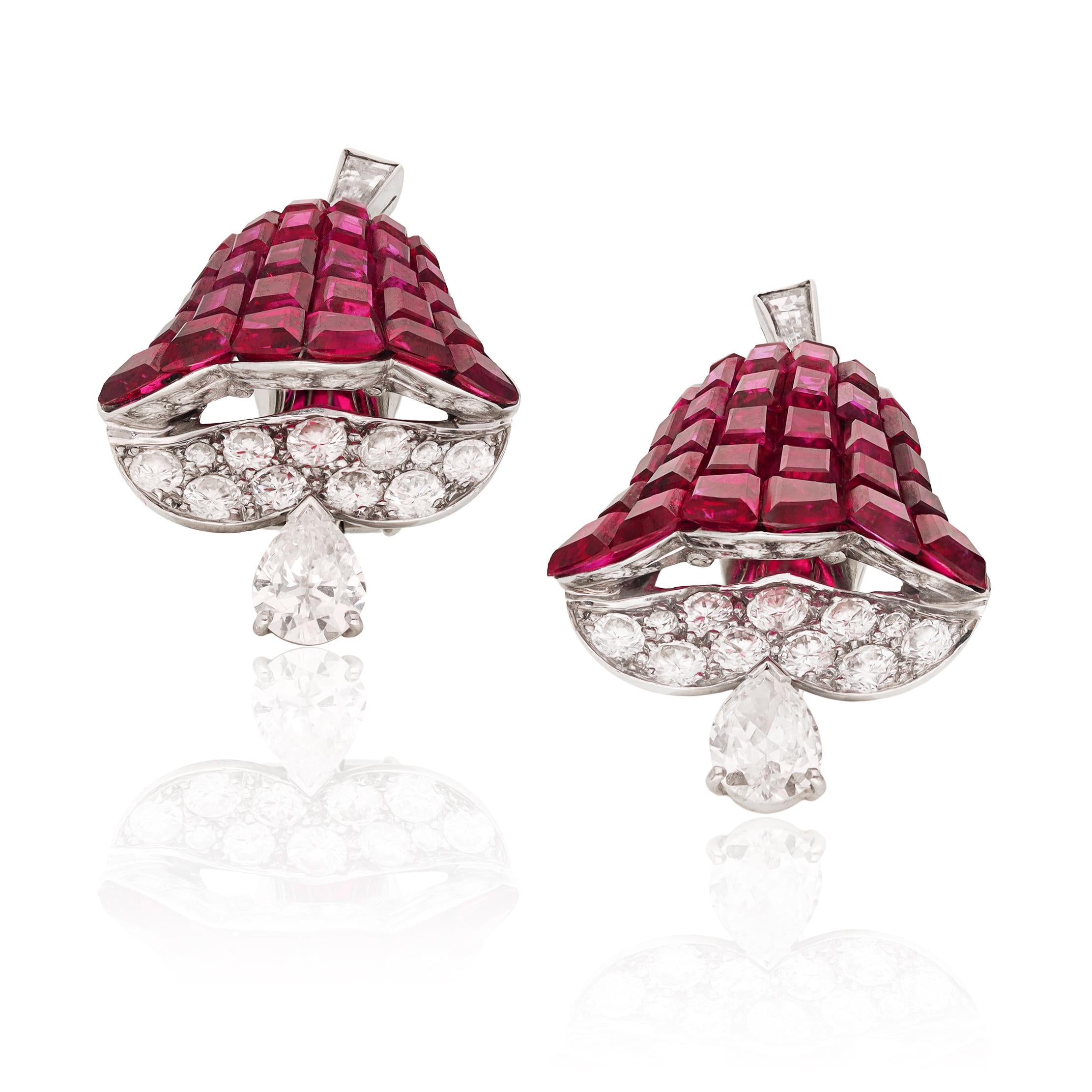 VAN CLEEF & ARPELS Pair of Mystery-Set Ruby and Diamond Ear Clips, France