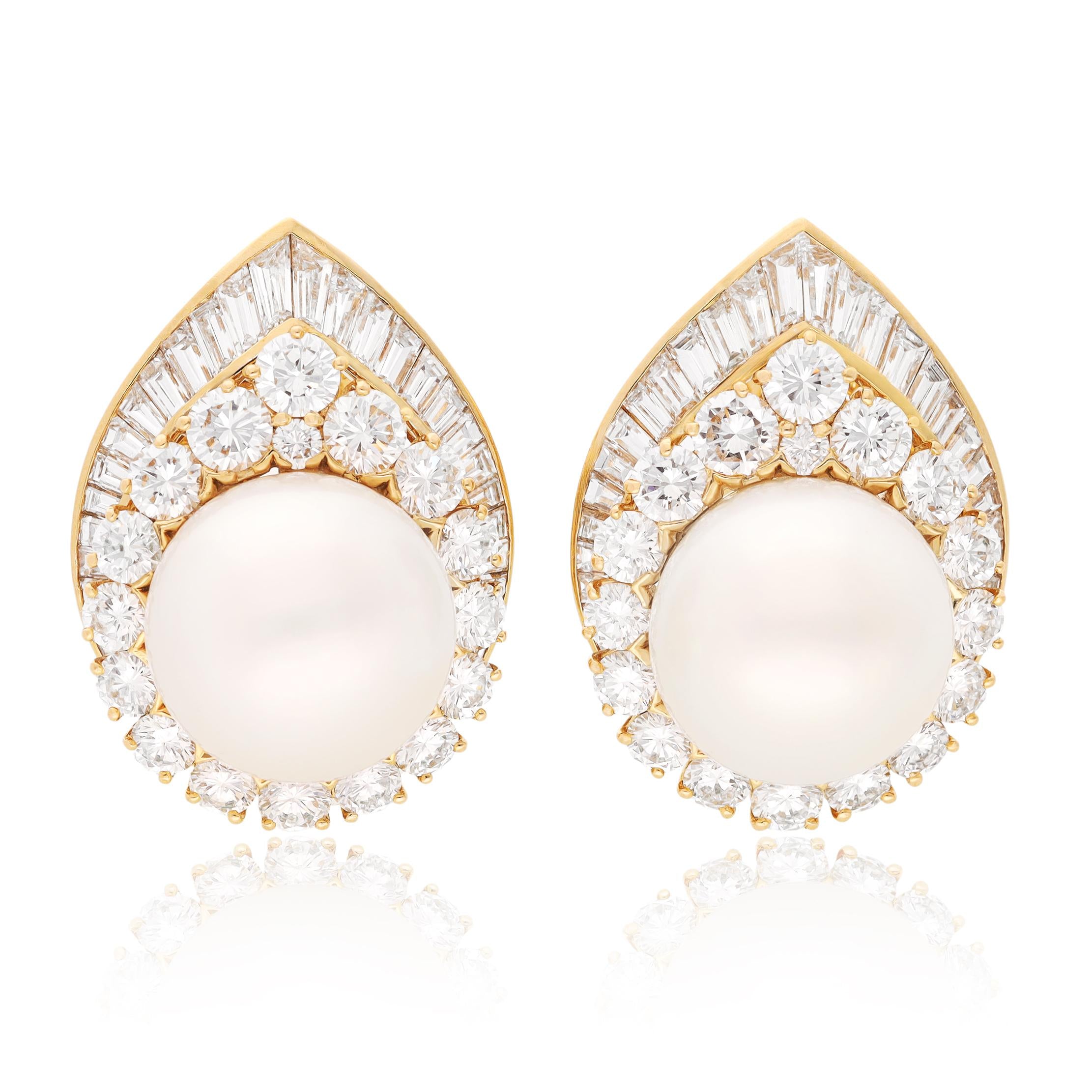 VAN CLEEF & ARPELS 18K Yellow Gold Pearl and Diamond Ear Clips