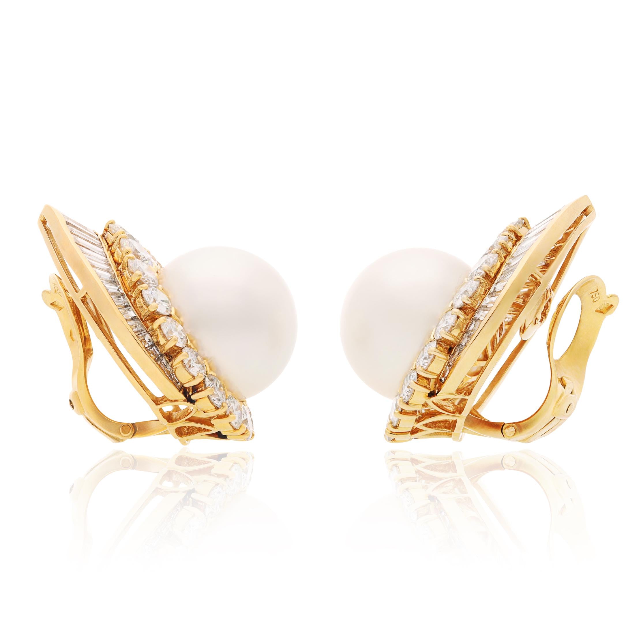 VAN CLEEF & ARPELS 18K Yellow Gold Pearl and Diamond Ear Clips