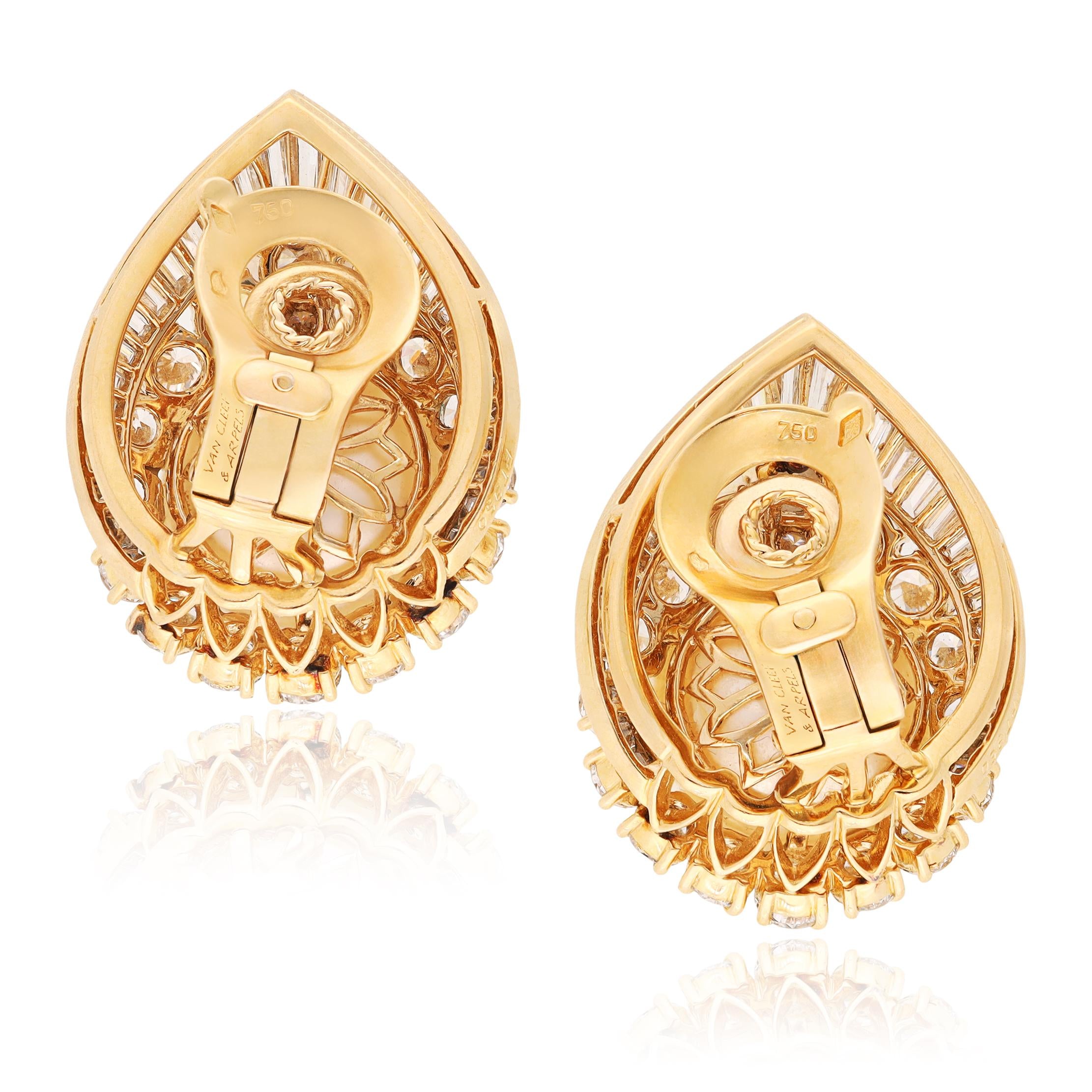VAN CLEEF & ARPELS 18K Yellow Gold Pearl and Diamond Ear Clips