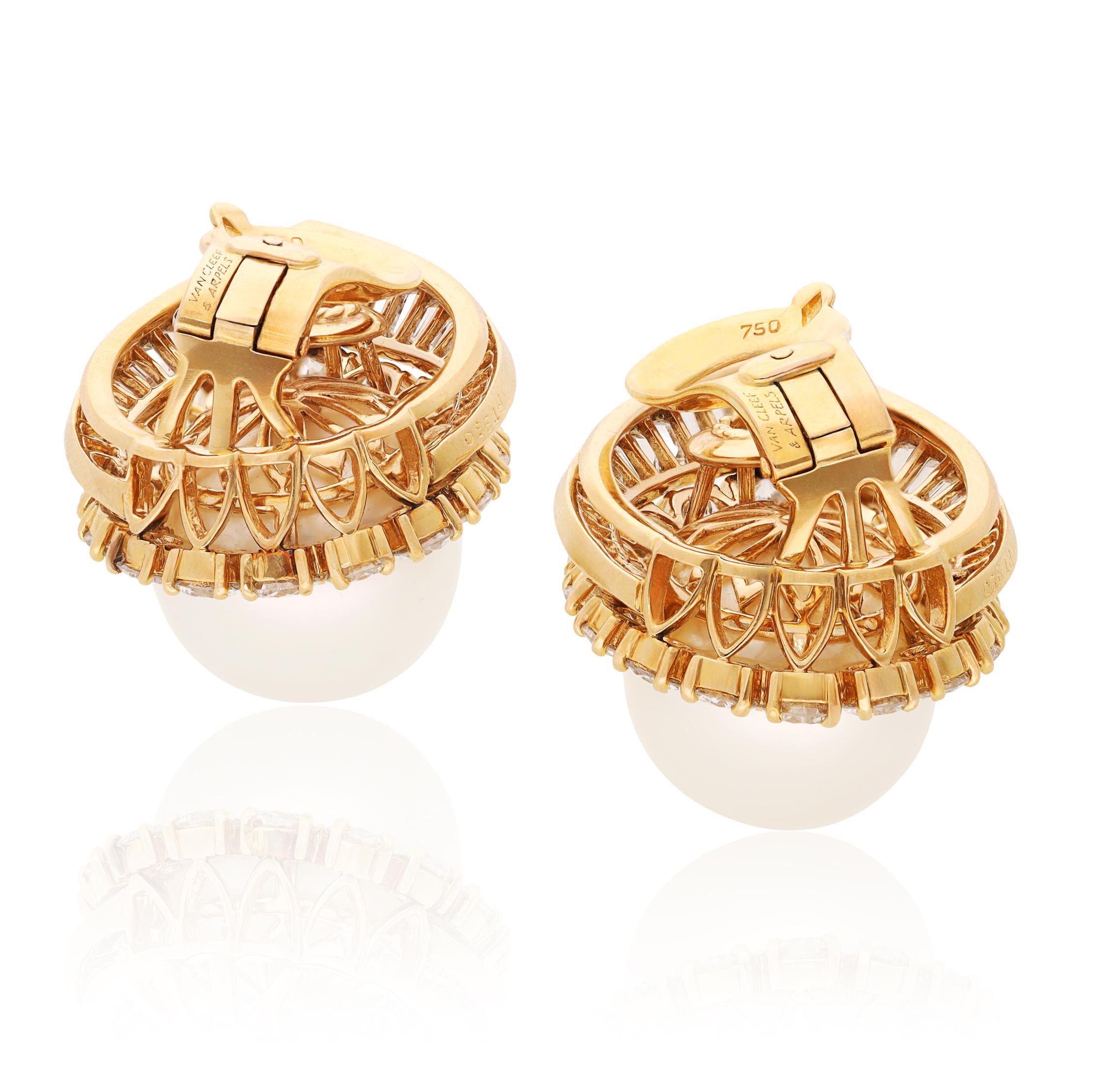 VAN CLEEF & ARPELS 18K Yellow Gold Pearl and Diamond Ear Clips