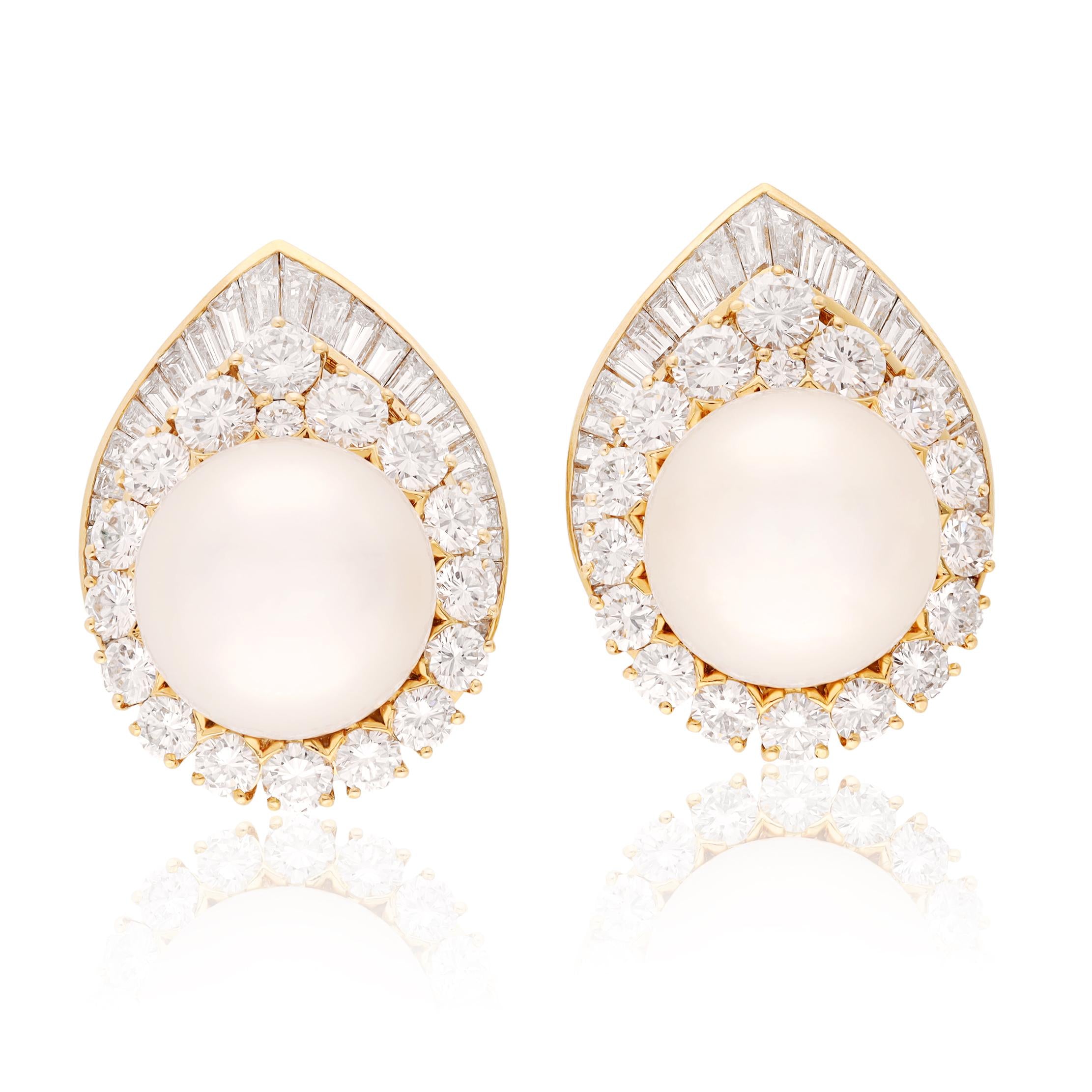 VAN CLEEF & ARPELS 18K Yellow Gold Pearl and Diamond Ear Clips